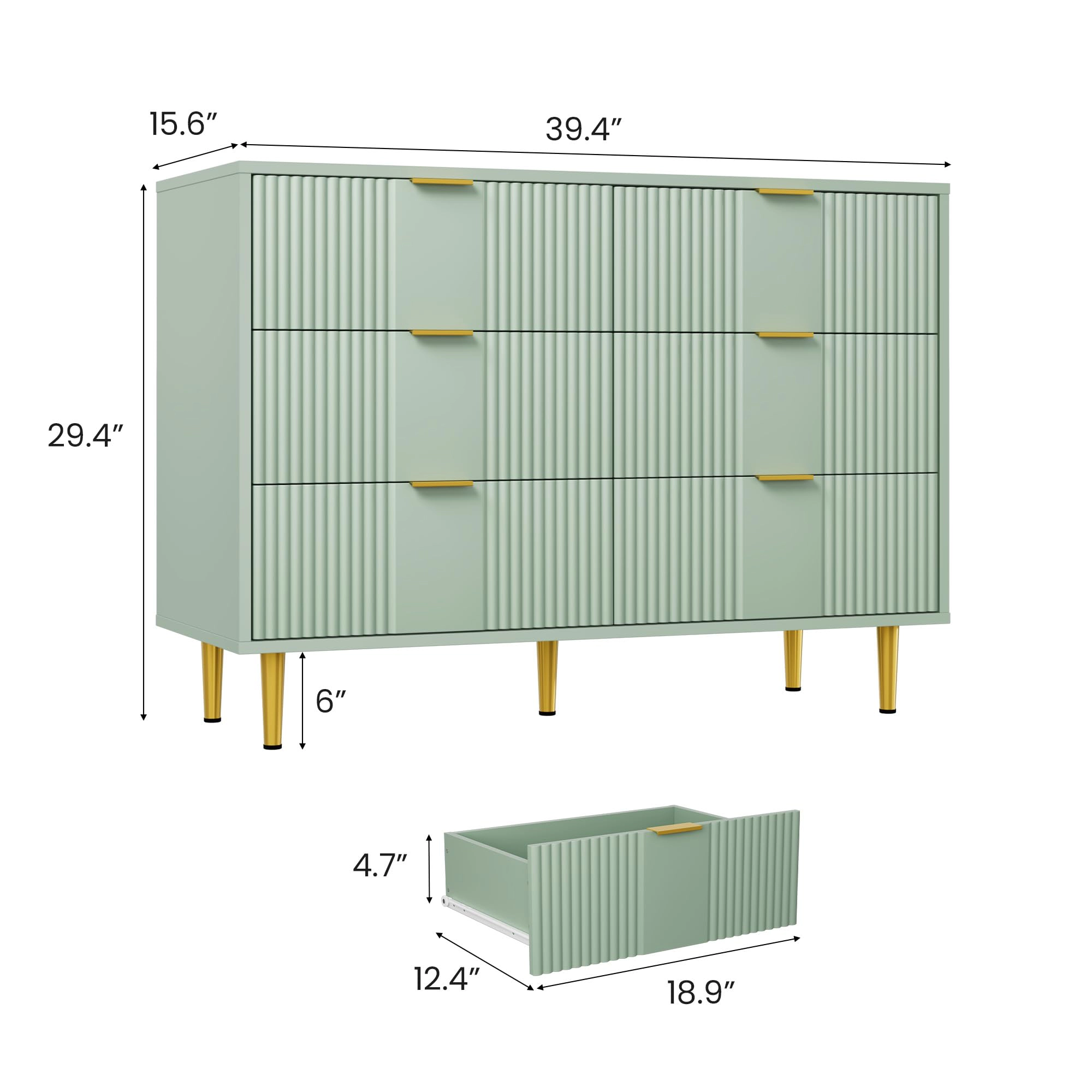 39.4" Fluted 6 Drawer Dresser with Metal Handles, Modern Wood Storage Chest for Bedroom