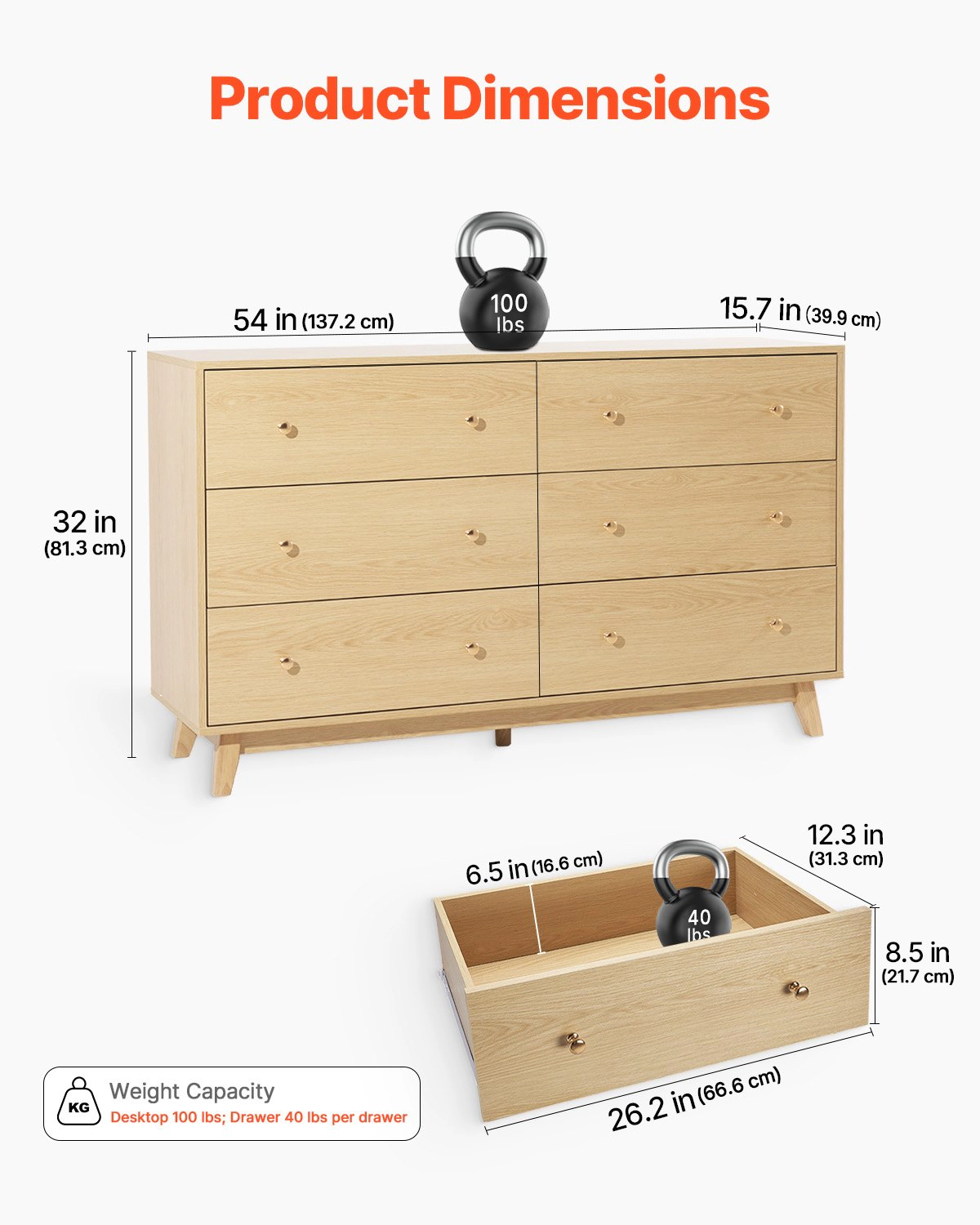 HONGGE 6 Drawer Dresser for Bedroom Wooden Chest of Drawers with Anti-Tip Hardware and Metal Rails, Light Wood