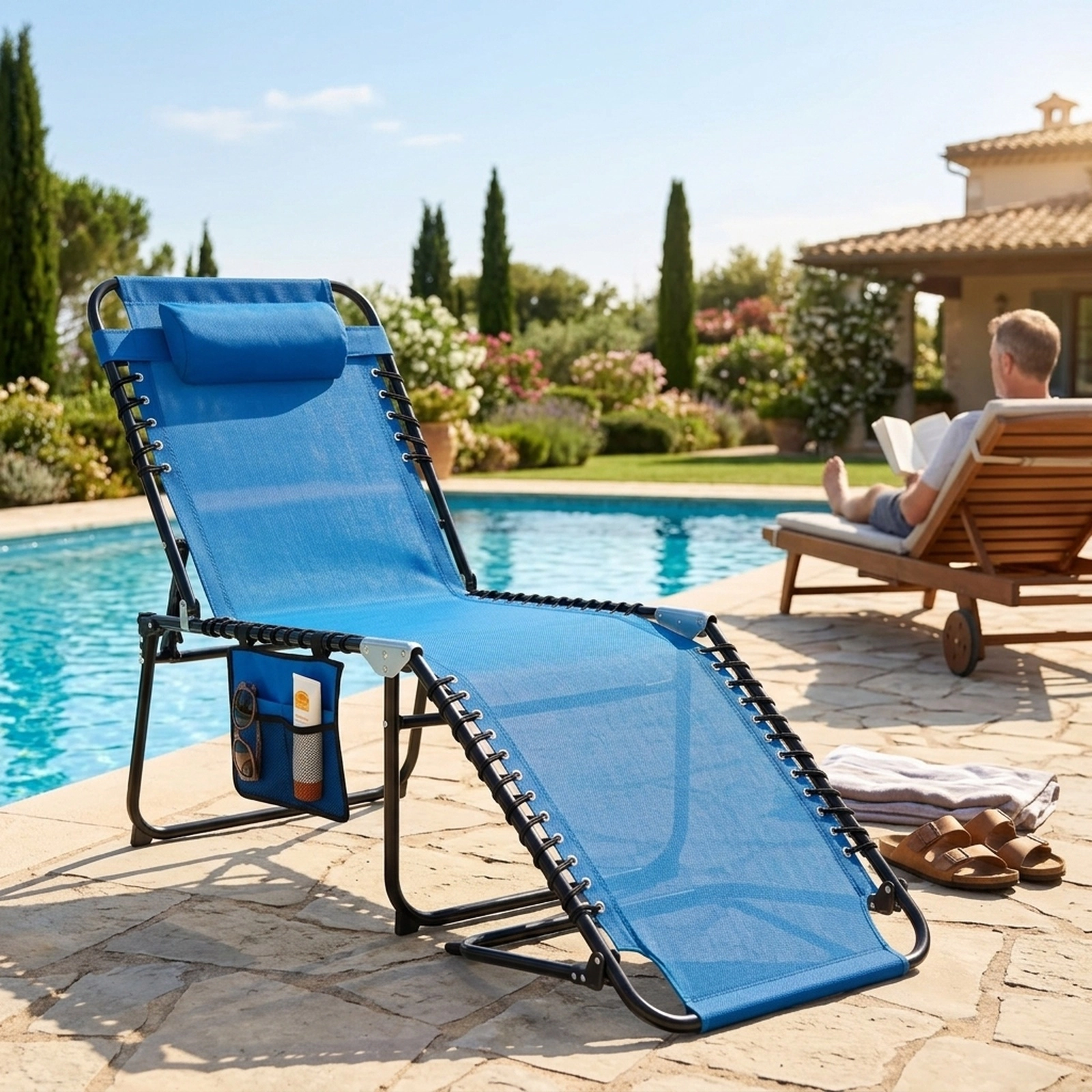 Foldable Reclining Lounge Chair with 4-Position Backrest 2-Position Footrest and Removable Headrest Portable Beach Blue