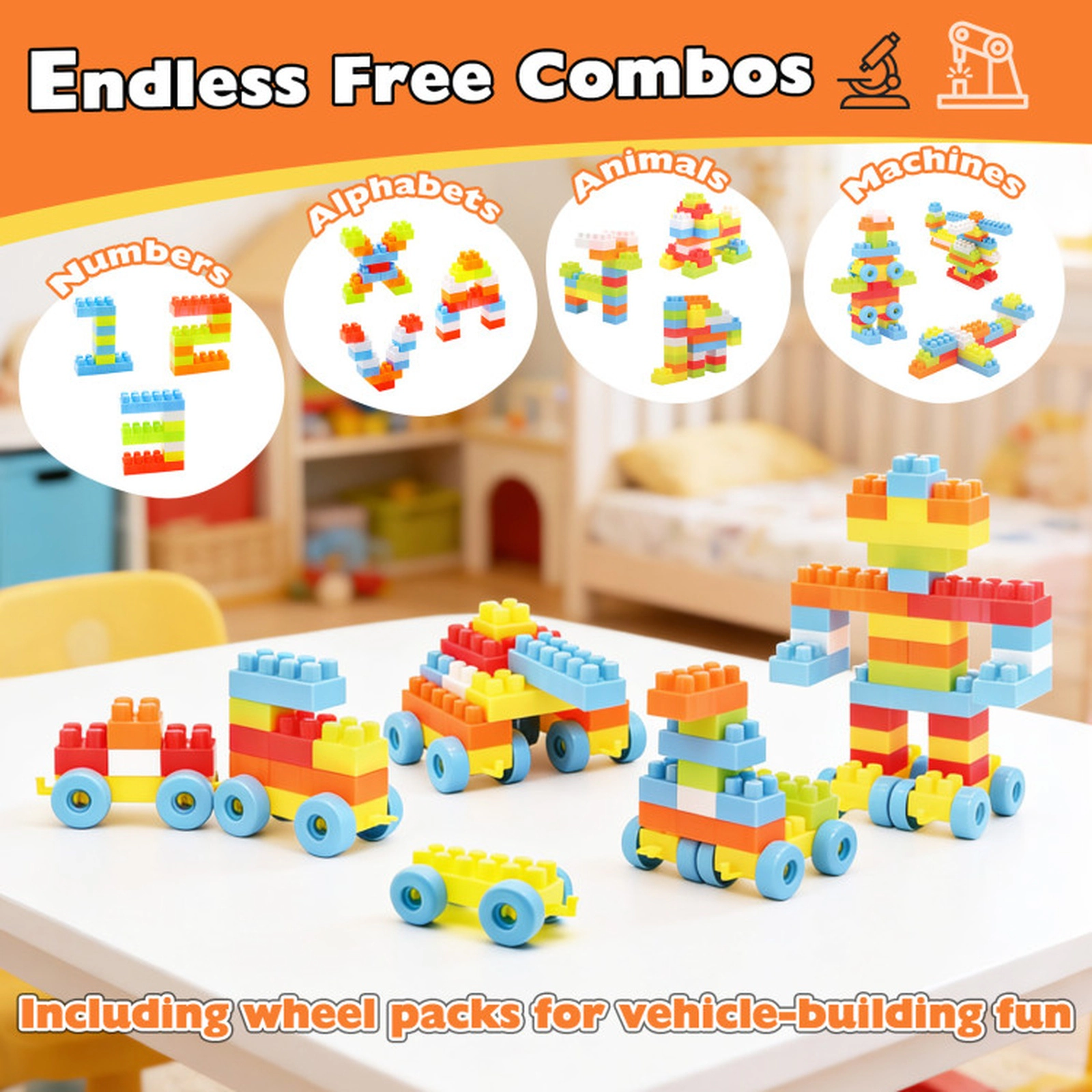 SUGIFT 150-Piece STEM Montessori Toddler Building Blocks Toy Set with Wheel Packs and Carry Handle Box