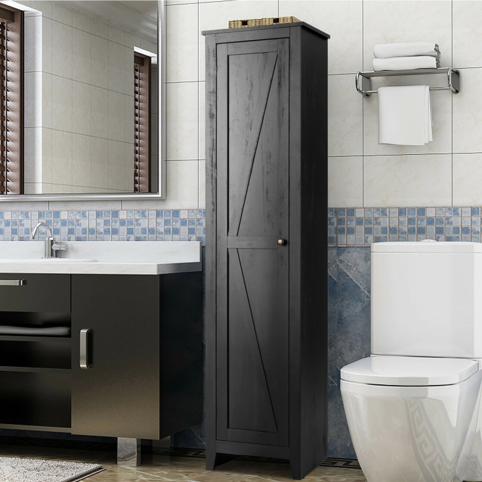 SUGIFT Tall Slim Linen Tower Bathroom Storage Cabinet with 4 Shelves 11-lb Shelf Capacity MDF Particleboard Black