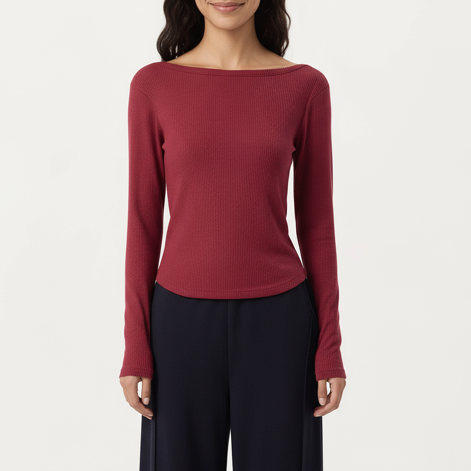 Anna-Kaci Women's Long Sleeve Rib Knit Top with Boat Neckline and Slim Fit Silhouette