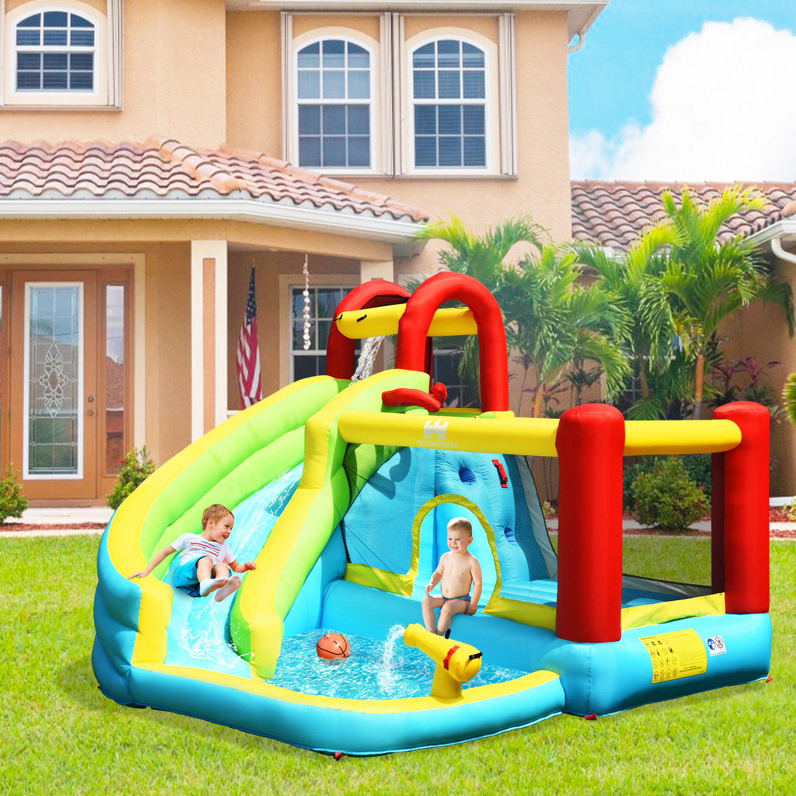 LJG Kids 6-in-1 Inflatable Bounce House with Climbing Wall and Basketball Hoop with Blower