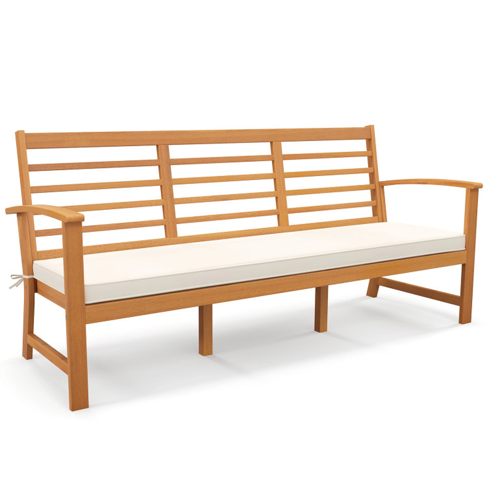SUGIFT Patio Wood Bench with Slatted Seat and Cushion 1200-lb Capacity Off White Cushion Natural Frame