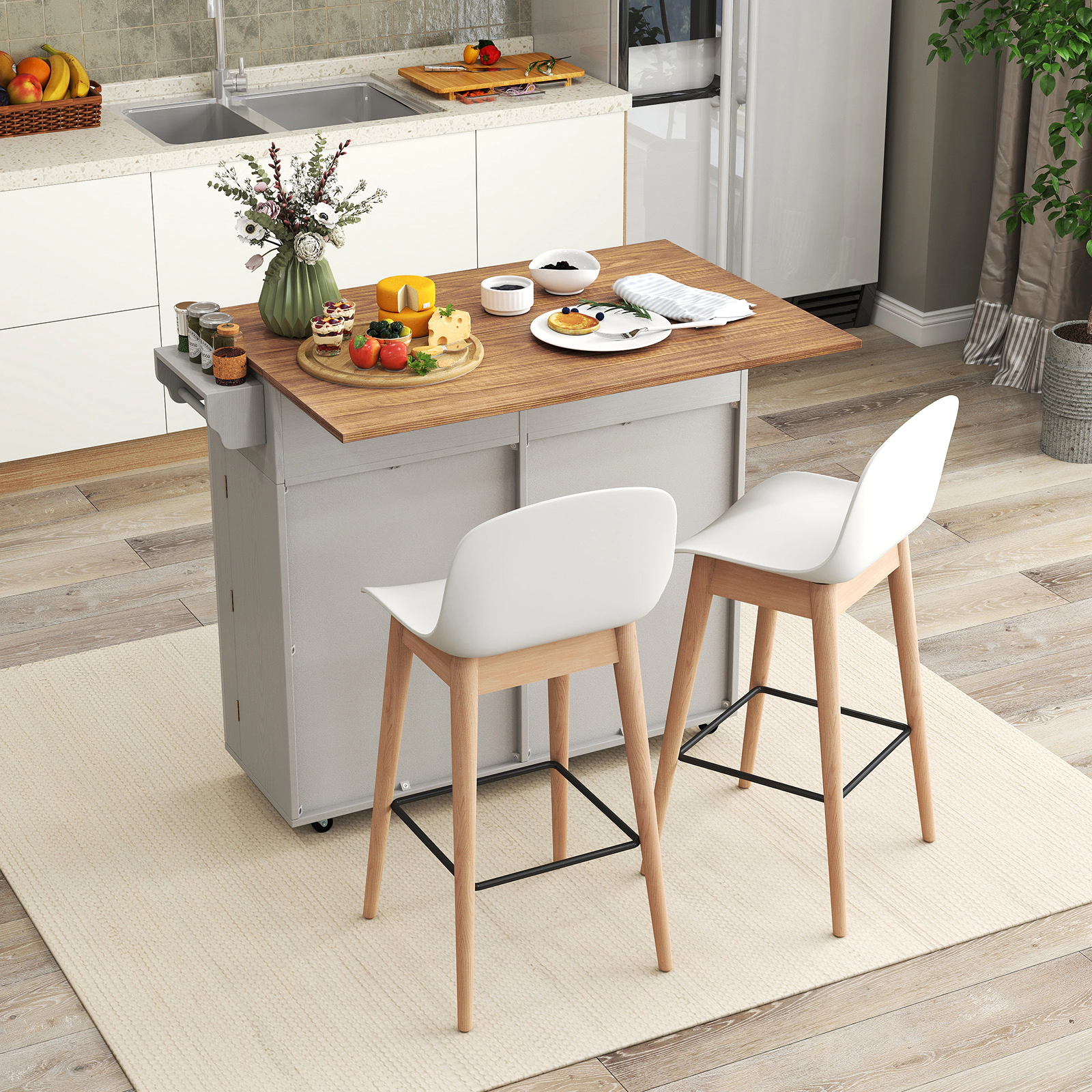 SUGIFT Rolling Kitchen Island Gray with Trash Can Cabinet Drop Leaf and Rubber Wheels