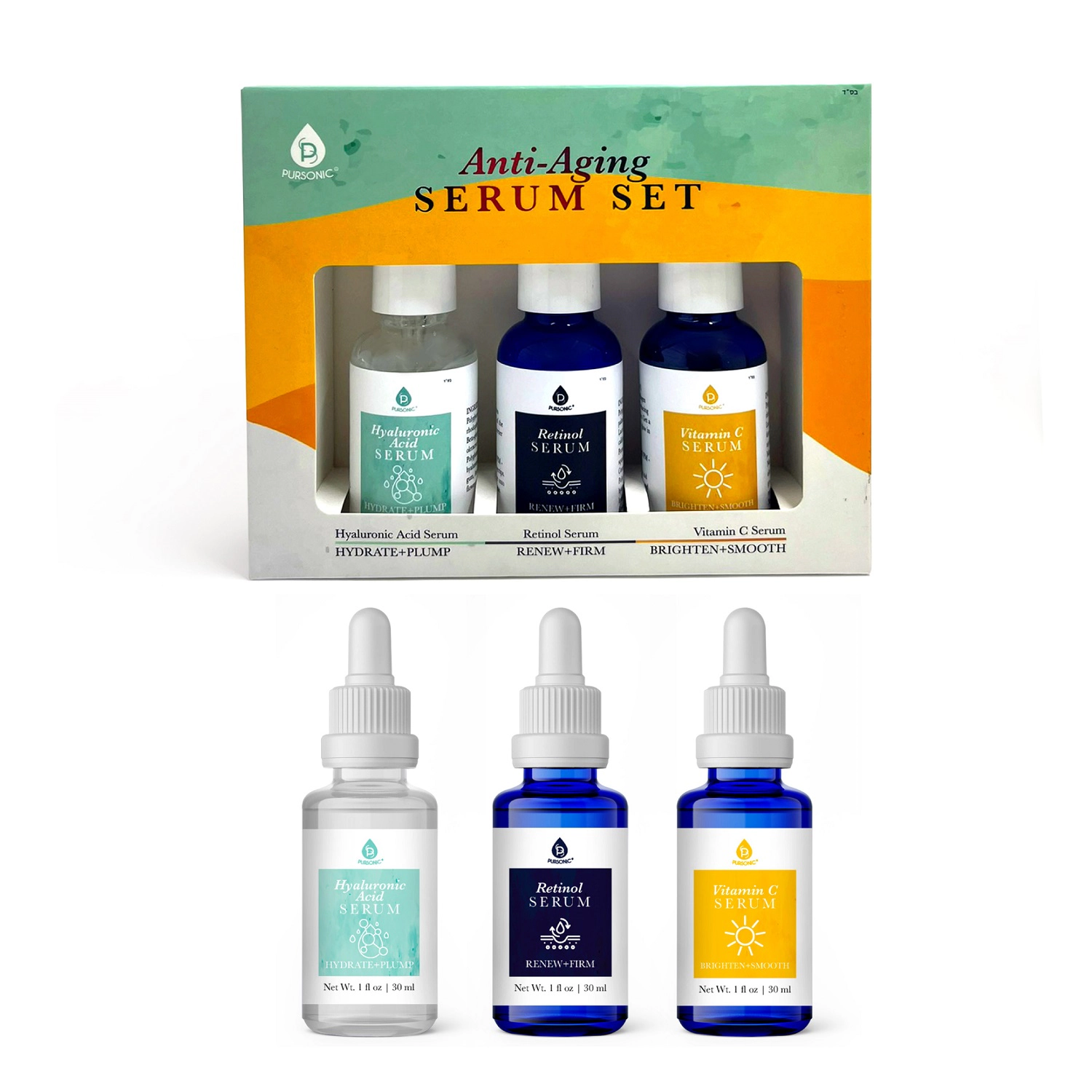 Pursonic Women’s Anti-Aging Facial Serum Collection – Vitamin C, Retinol & Hyaluronic Acid Hydrating Skincare Set
