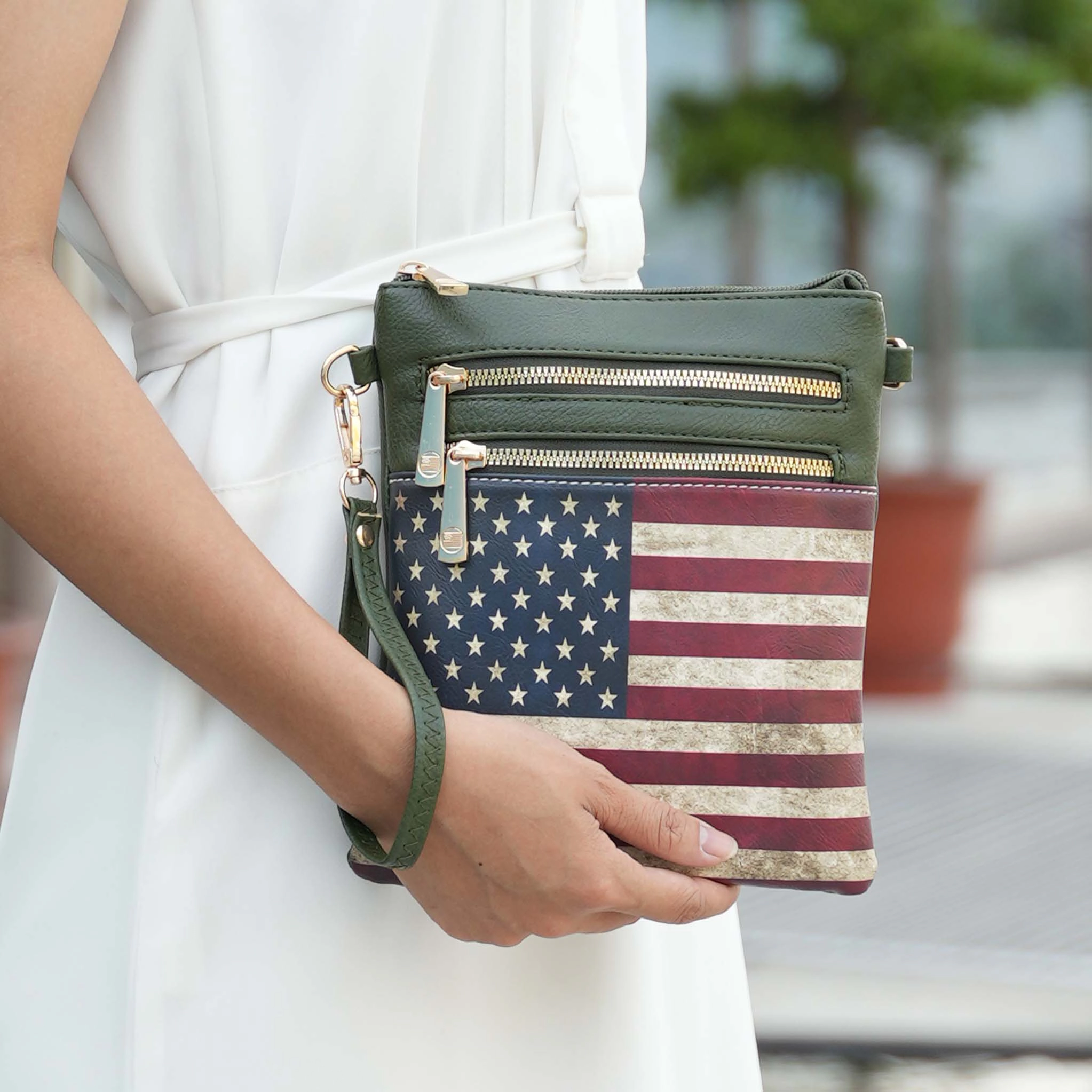Mia K Collection Genesis Crossbody Bag - Vegan Leather Patriotic Flag Print, Removable Adjustable Strap