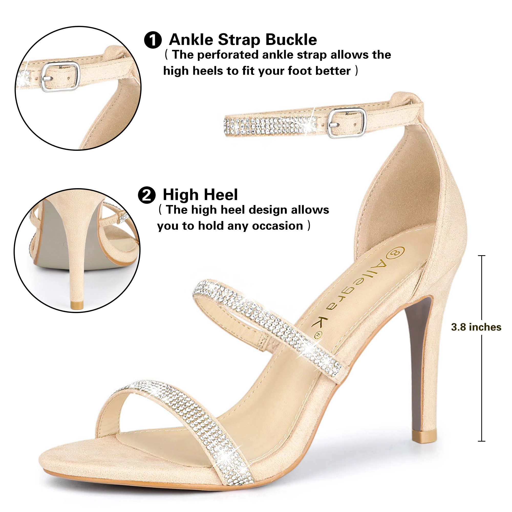 BLISSFUL STEP Women's Rhinestone Ankle Strap Stiletto High Heels Sandals