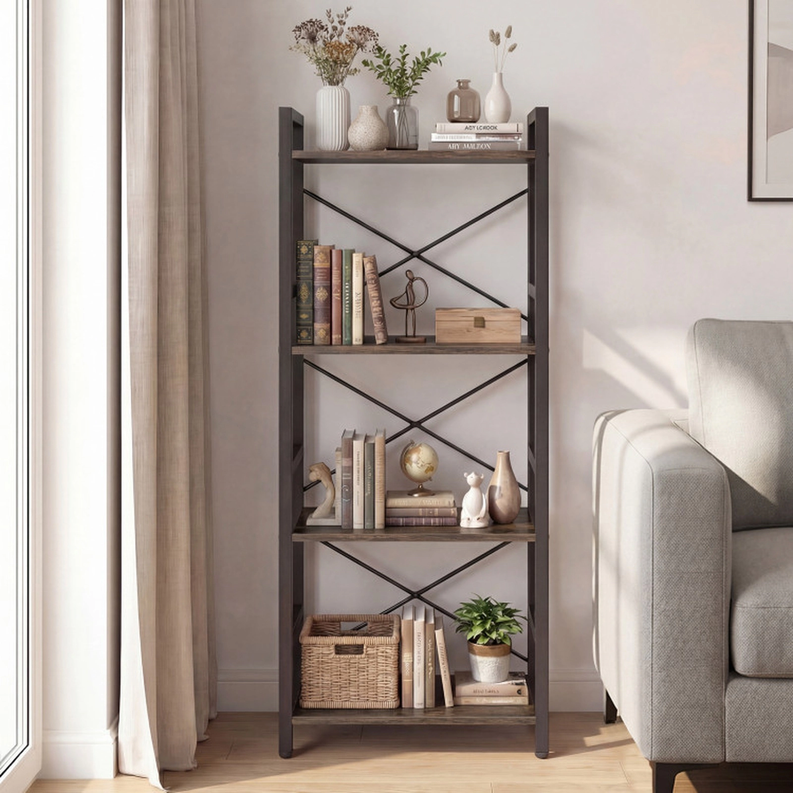 SUGIFT 4-Tier Narrow Freestanding Bookshelf Display Shelf 132-lb Capacity Rustic Brown + Black/Gray Oak + Black