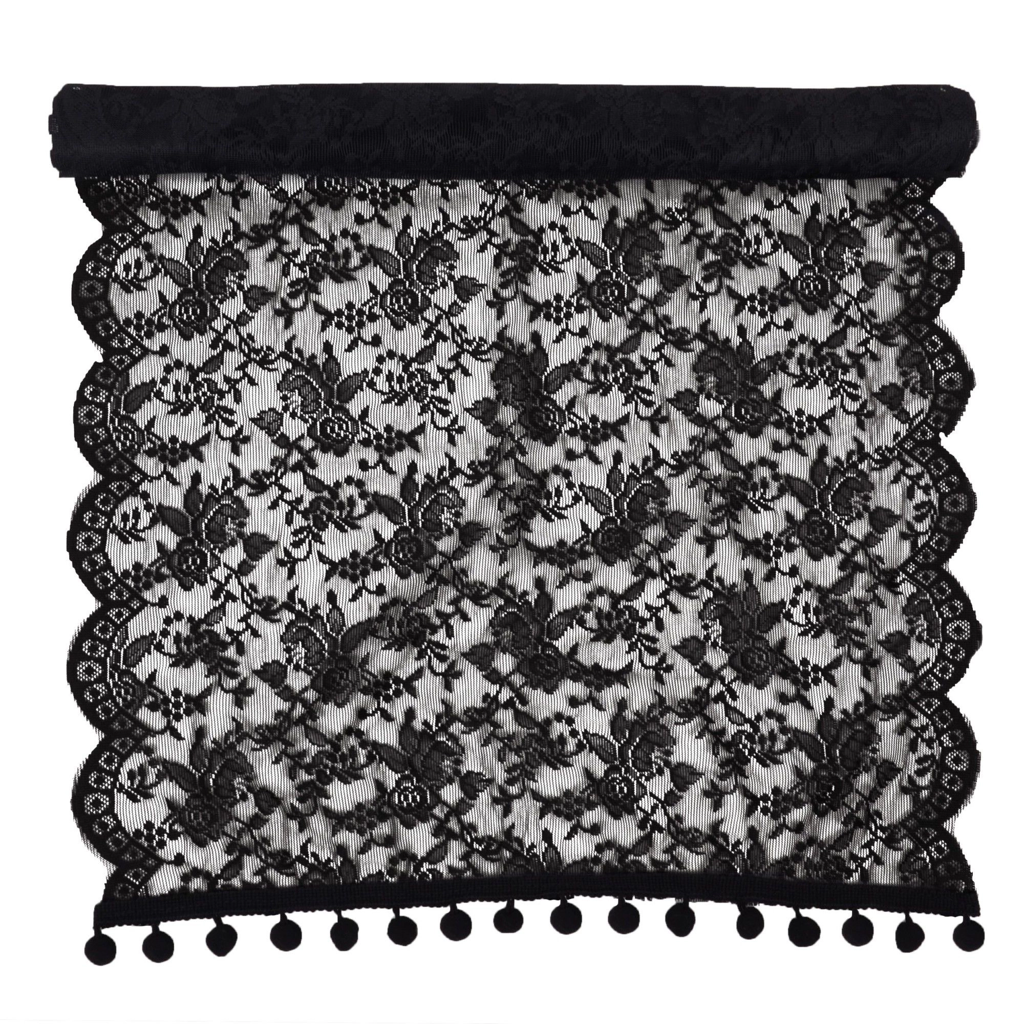 Alilang Women Floral Lace Table Runner with Scalloped Edges and Pom Trim 17.7x47in
