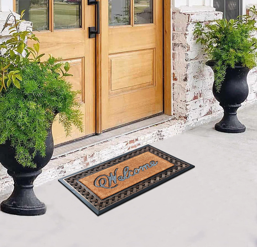 A1 Home Collections Coir and Rubber Door Mat 38x23 Inches Anti-Shed Heavy Duty Non-Slip Check Border
