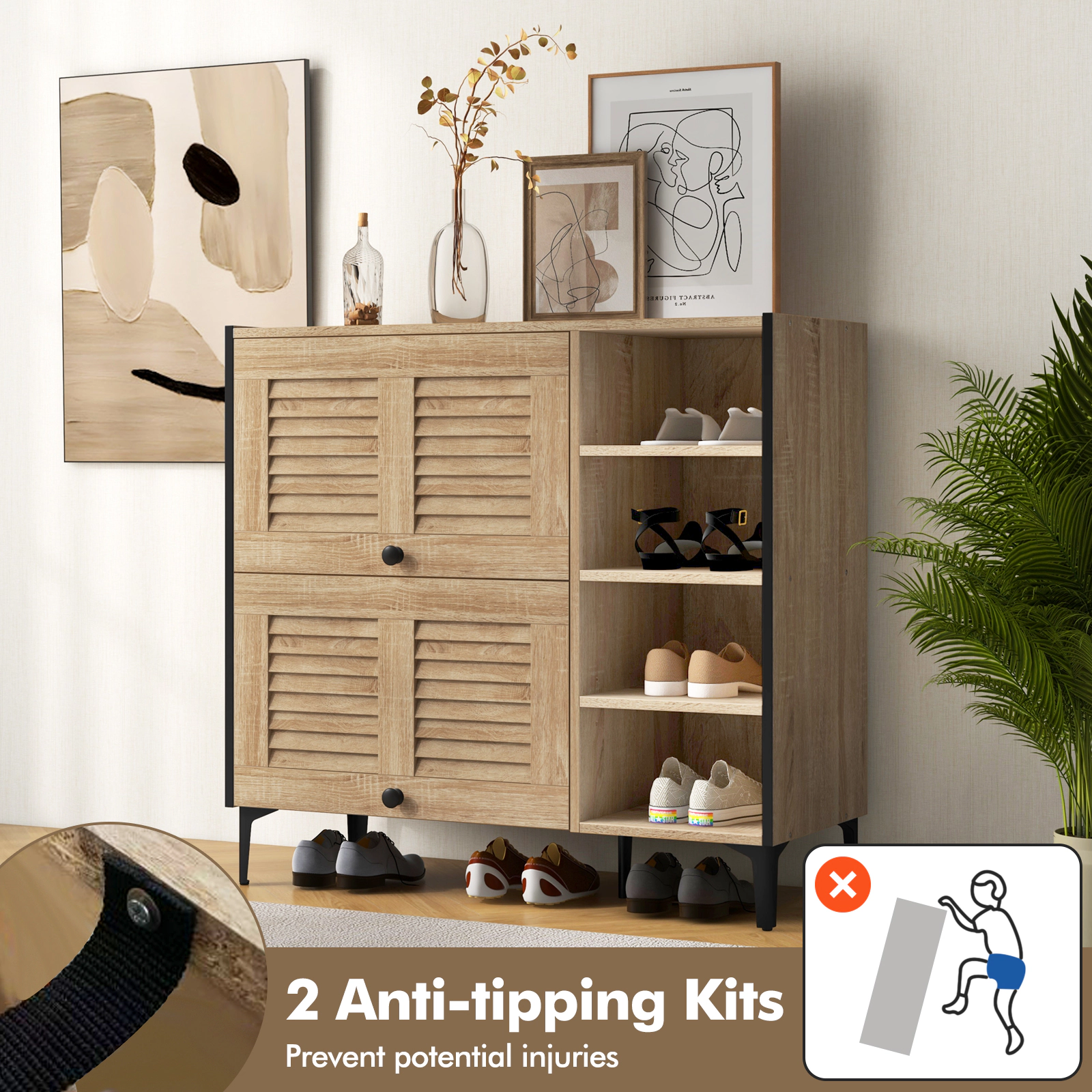 SUGIFT Oak 35.5-in Entryway Shoe Cabinet with 2 Flip-Up See-Through Doors and 4 Open Storage Shelves