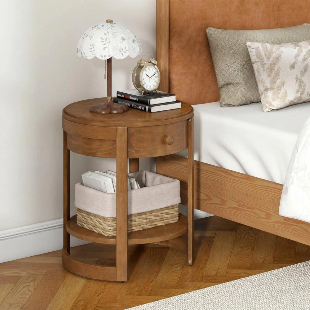 Hivvago Wooden 2-Layer Accent Table with Drawer and Round Design for Bedroom or Living Room