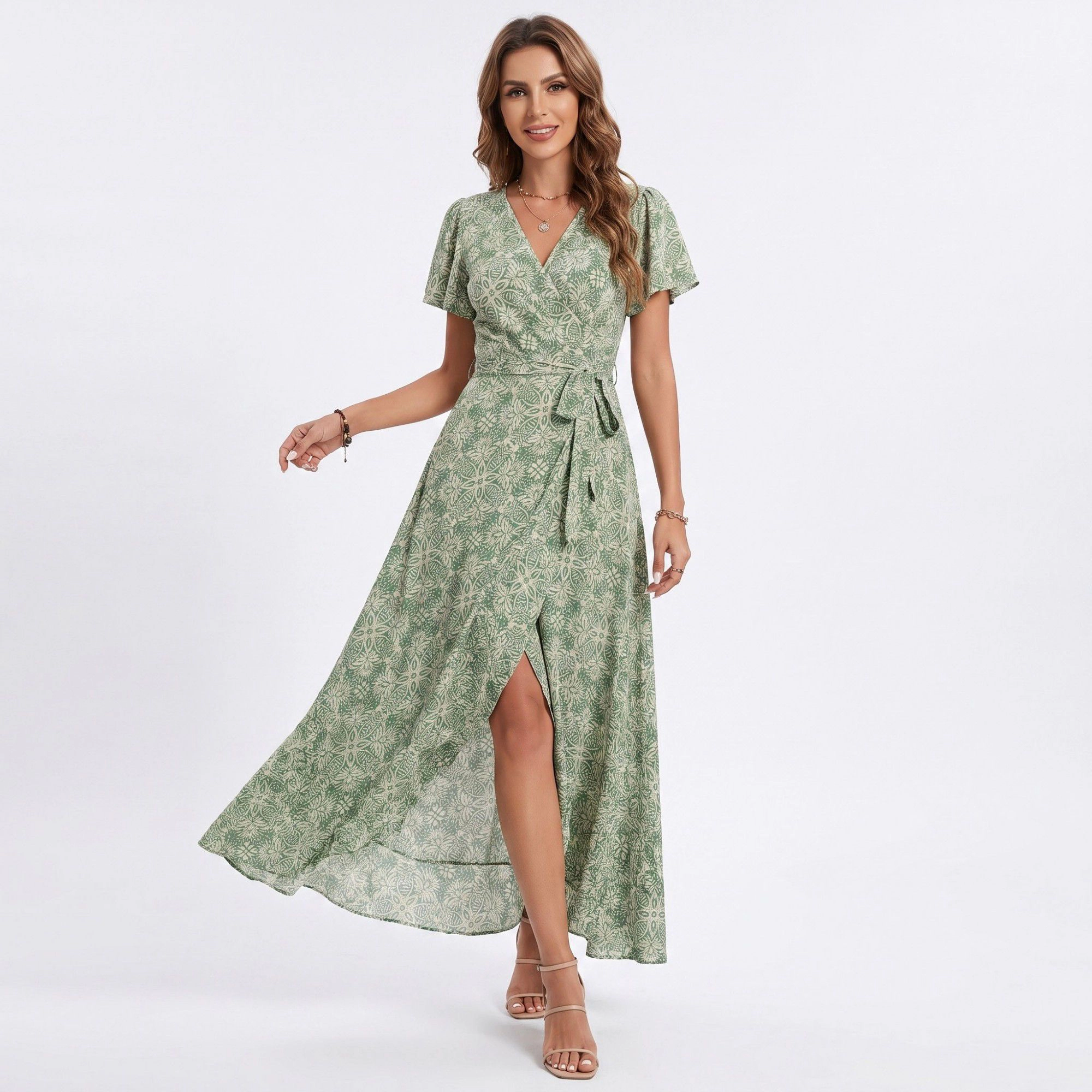Anna-Kaci Women's Floral Print Wrap V-Neck Short Flutter Sleeves Tie Waist Front Slit Maxi Dress
