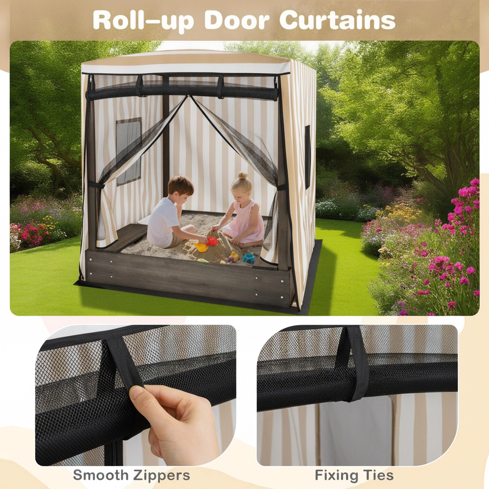 Wooden Sandbox with Canopy 48-in Covered Kids Sand Pit Roll-Up Zip Door Mesh Windows Storage Benches Ages 3+ Brown
