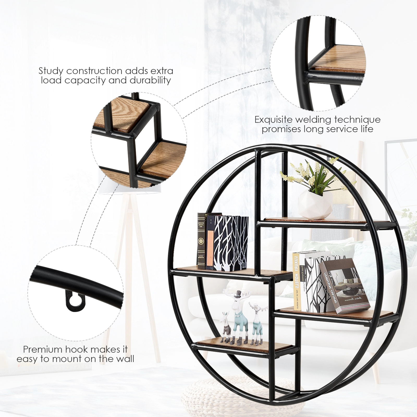 SUGIFT Round Wall-Mounted 4-Tier Hanging Storage Shelf Bookcase 22-in Wide Black