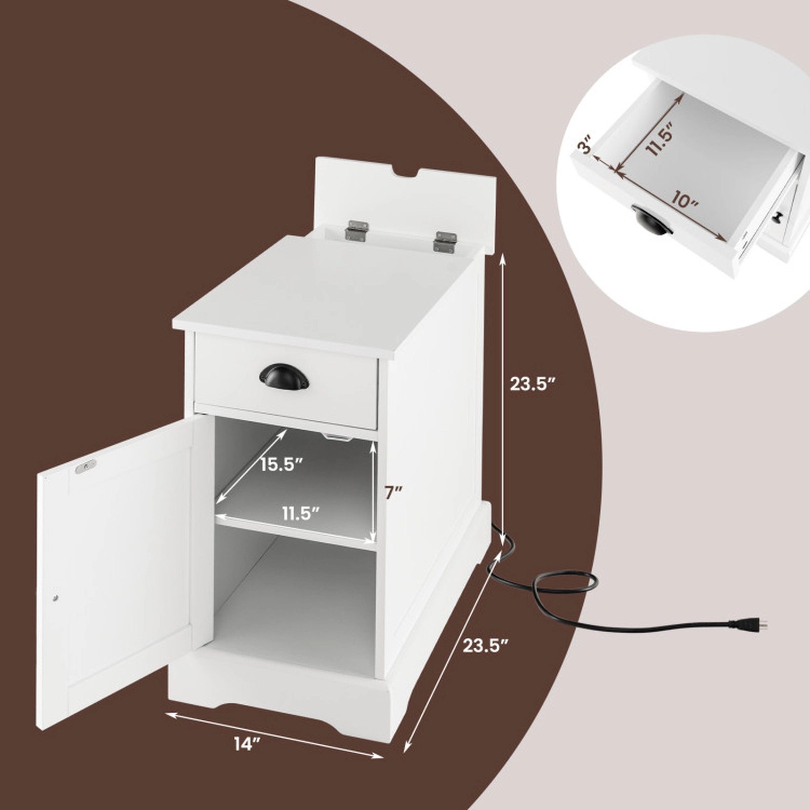SUGIFT End Table with Charging Station and Flip Top 66-lb Tabletop Capacity 2-Outlet 2-USB White
