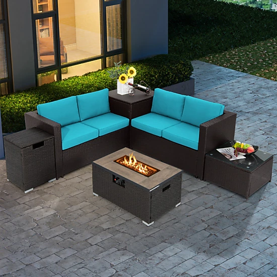 Hivvago 6 Pieces Outdoor Wicker Furniture Set With 32 Inch Propane Fire Pit Table
