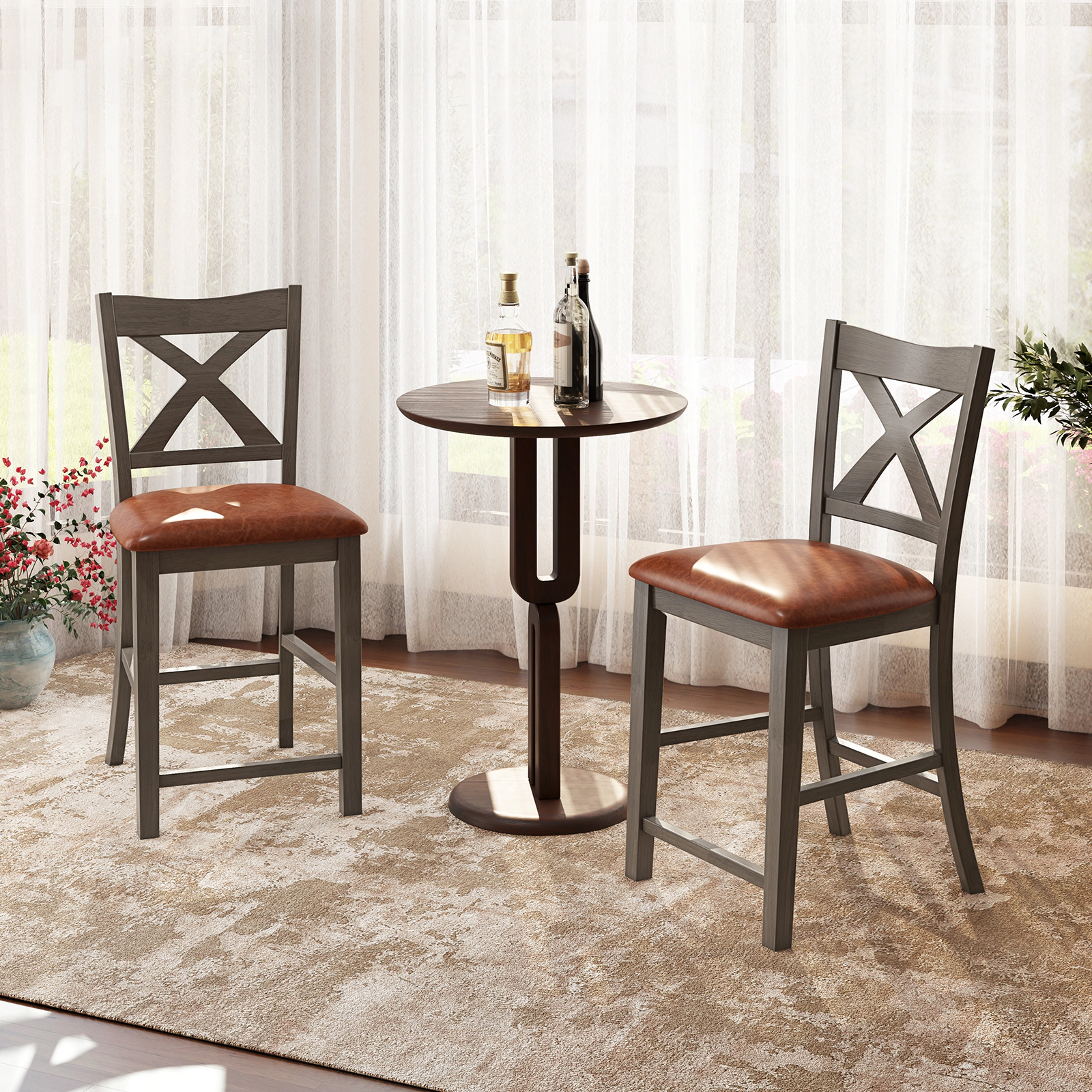 SUGIFT Faux Leather Upholstered Seat and Wood Frame Set of 2 Gray Cross Back Bar Stools