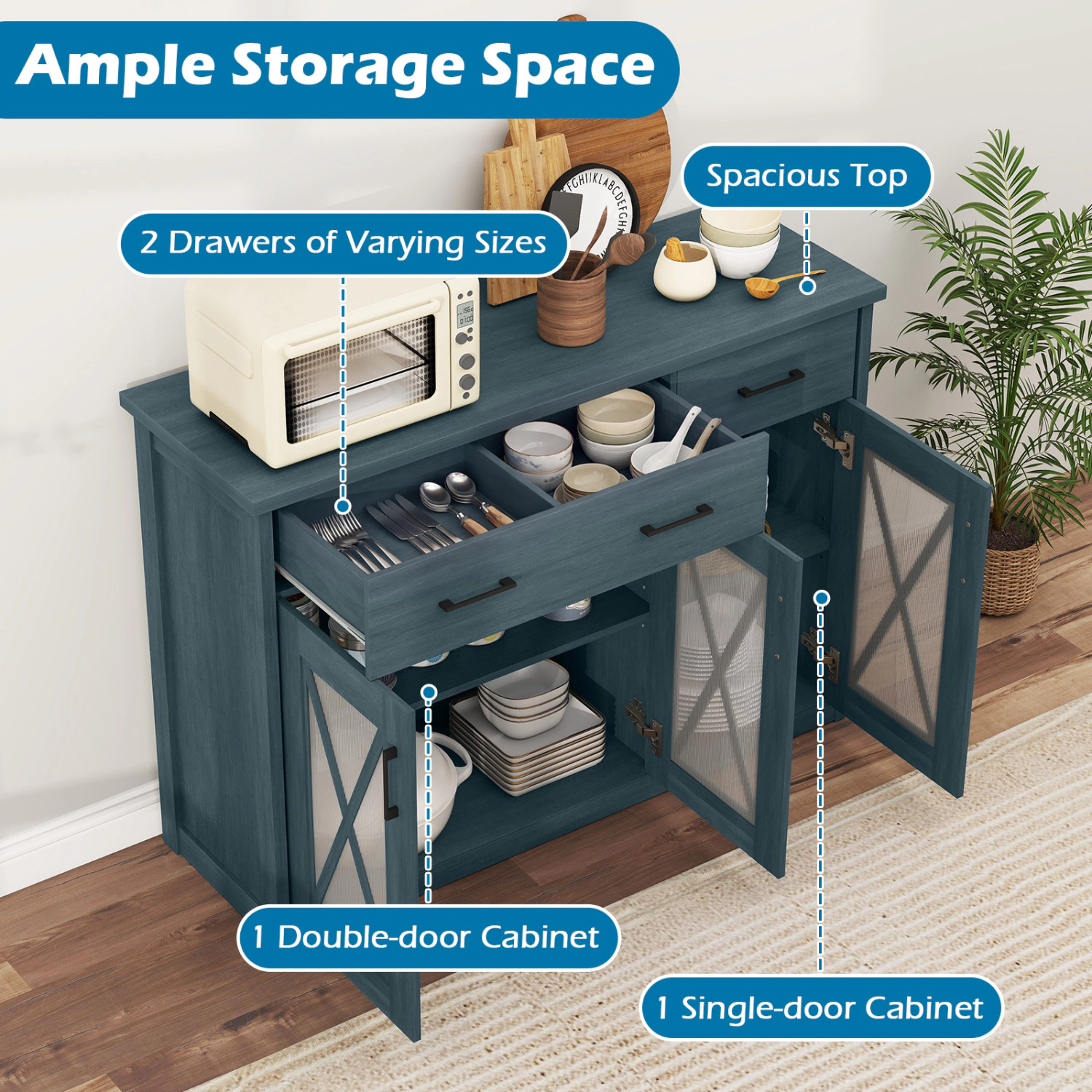 SUGIFT Farmhouse Buffet Sideboard 3-Door Kitchen Storage Cabinet with 2 Drawers 232-lb Total Capacity Turquoise/Brown