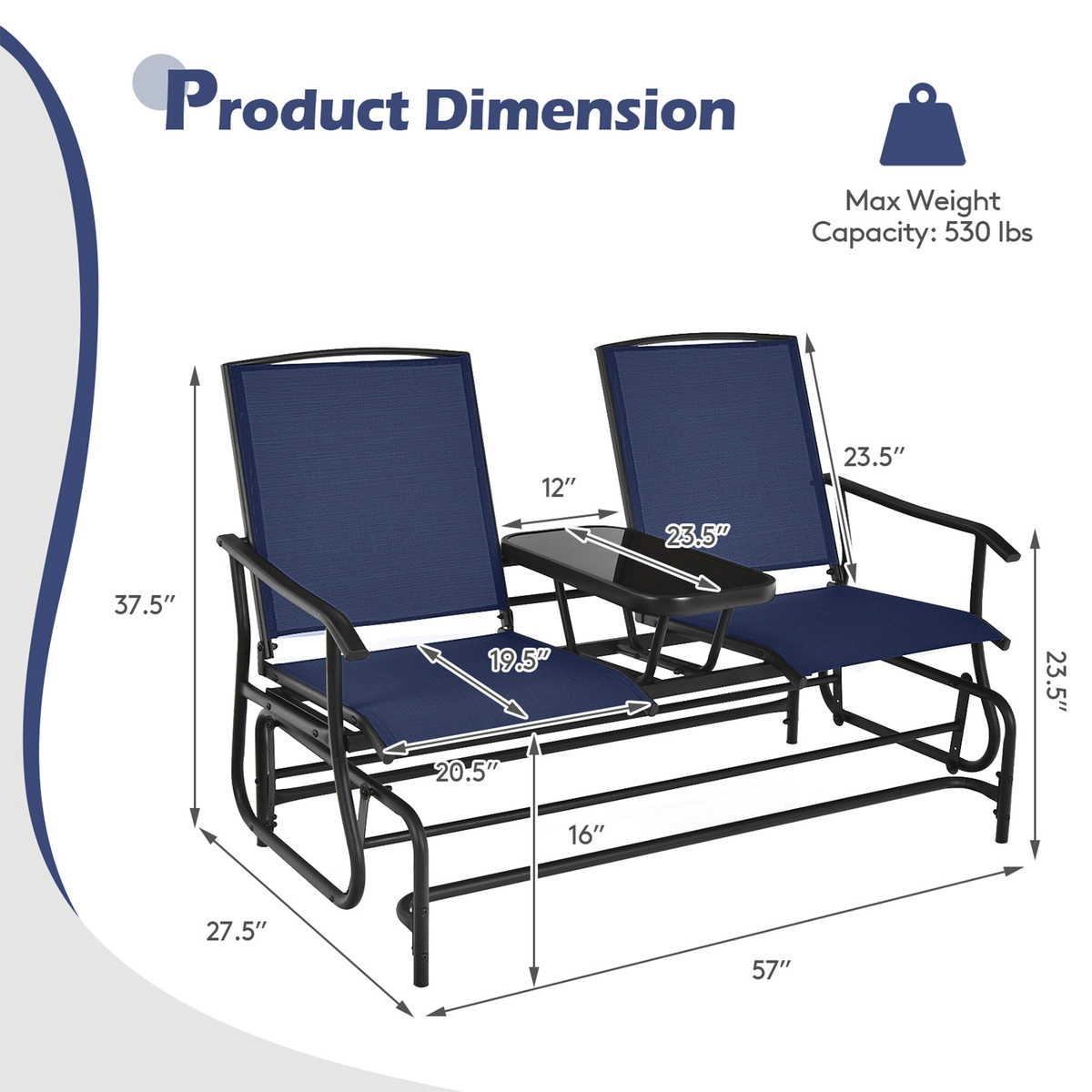 SUGIFT Navy Mesh Fabric and Tempered Glass Center Table 2-Person Double Rocking Loveseat