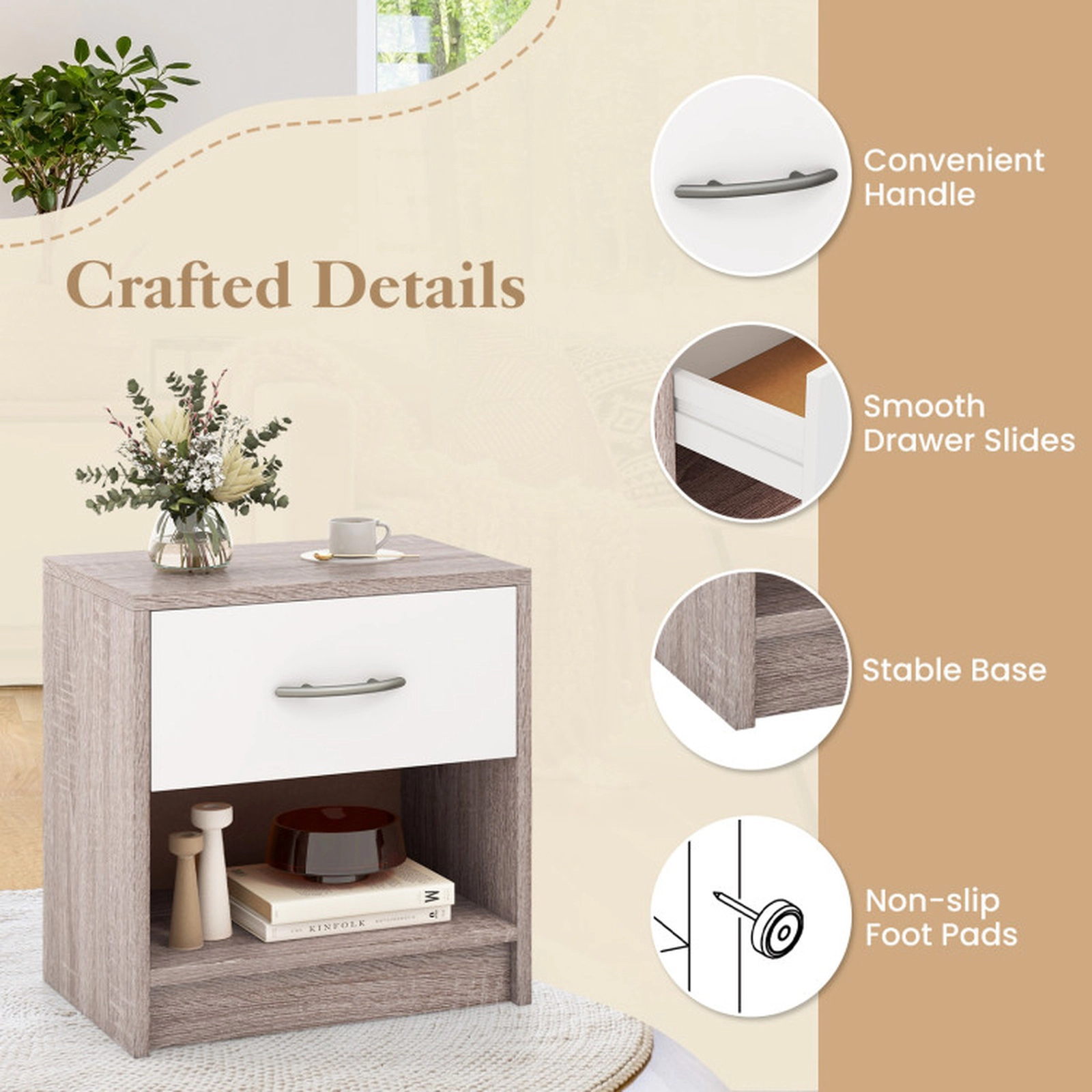 SUGIFT Bedside Table Nightstand with Drawer and Open Storage Shelf 22-Lb Capacity Light Gray