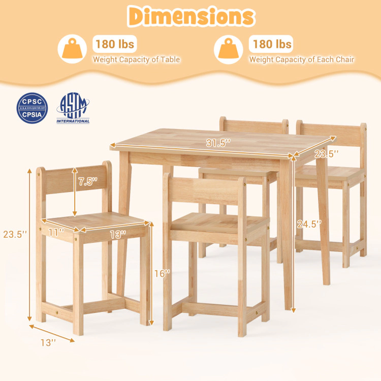 Hivvago 5-Piece Kids Table And Chairs Set Solid Rubber Wood Toddler Activity