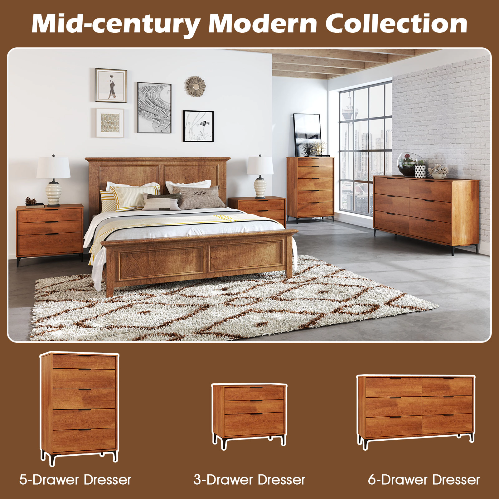 Glintex 59-Inch Wide 6-Drawer Dresser with Interlock System, Cherry