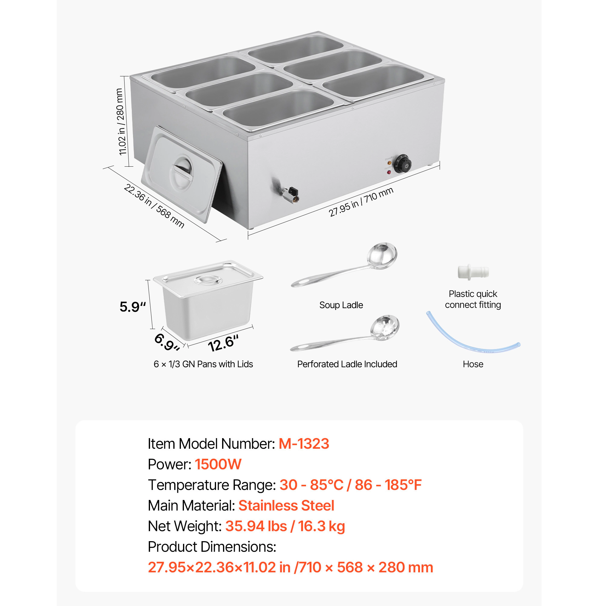 HONGGE Commercial Food Warmer 1500W Electric Stainless Steel Steam Food Warmer with Lid Fast Heating Countertop Buffet