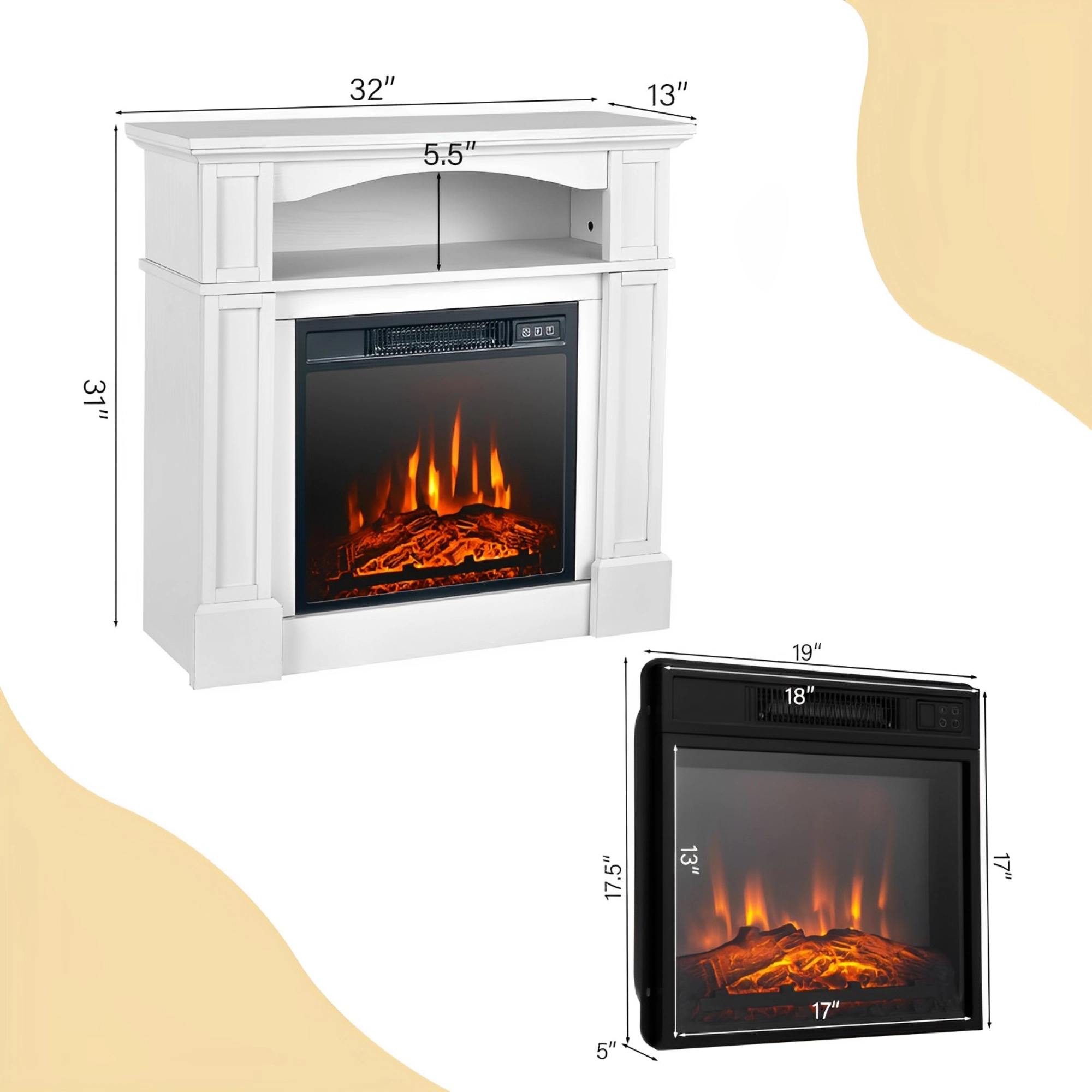 SUGIFT 18-in Electric Fireplace Insert Arched Open Shelf Mantel TV Stand 32-in x 13-in x 31-in 1400W 4650 BTU White