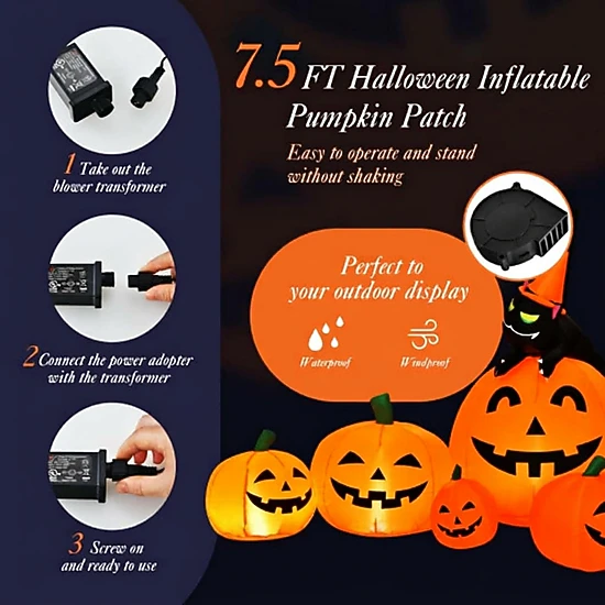 SUGIFT 7.5-ft Inflatable Halloween Pumpkin Combo with Witch Black Cat ...