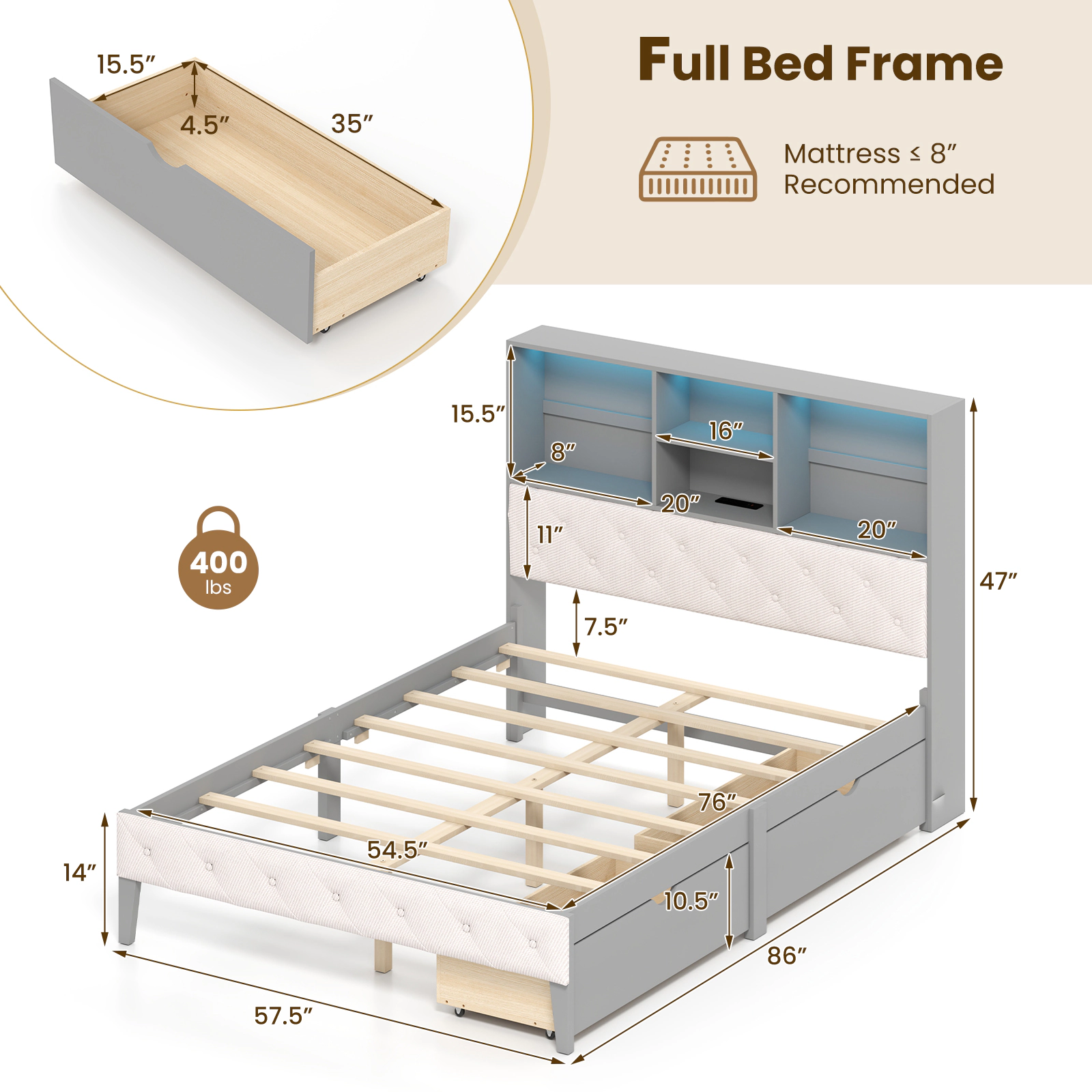 LJG Full Size Bed Frame with Bookcase Headboard and LED Lights