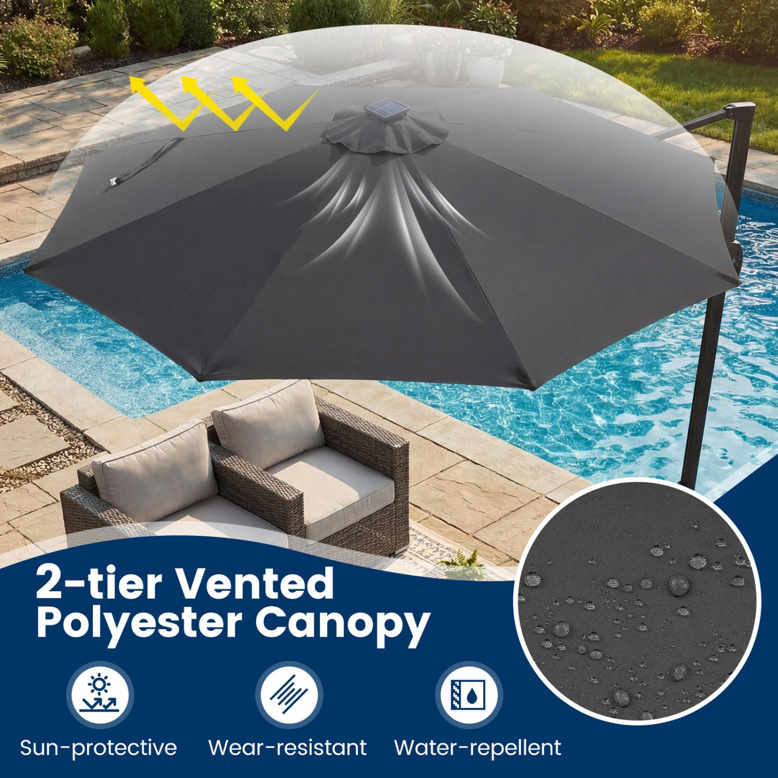 SUGIFT Solar LED Cantilever Patio Umbrella with 10-ft Canopy 360° Rotation Gray