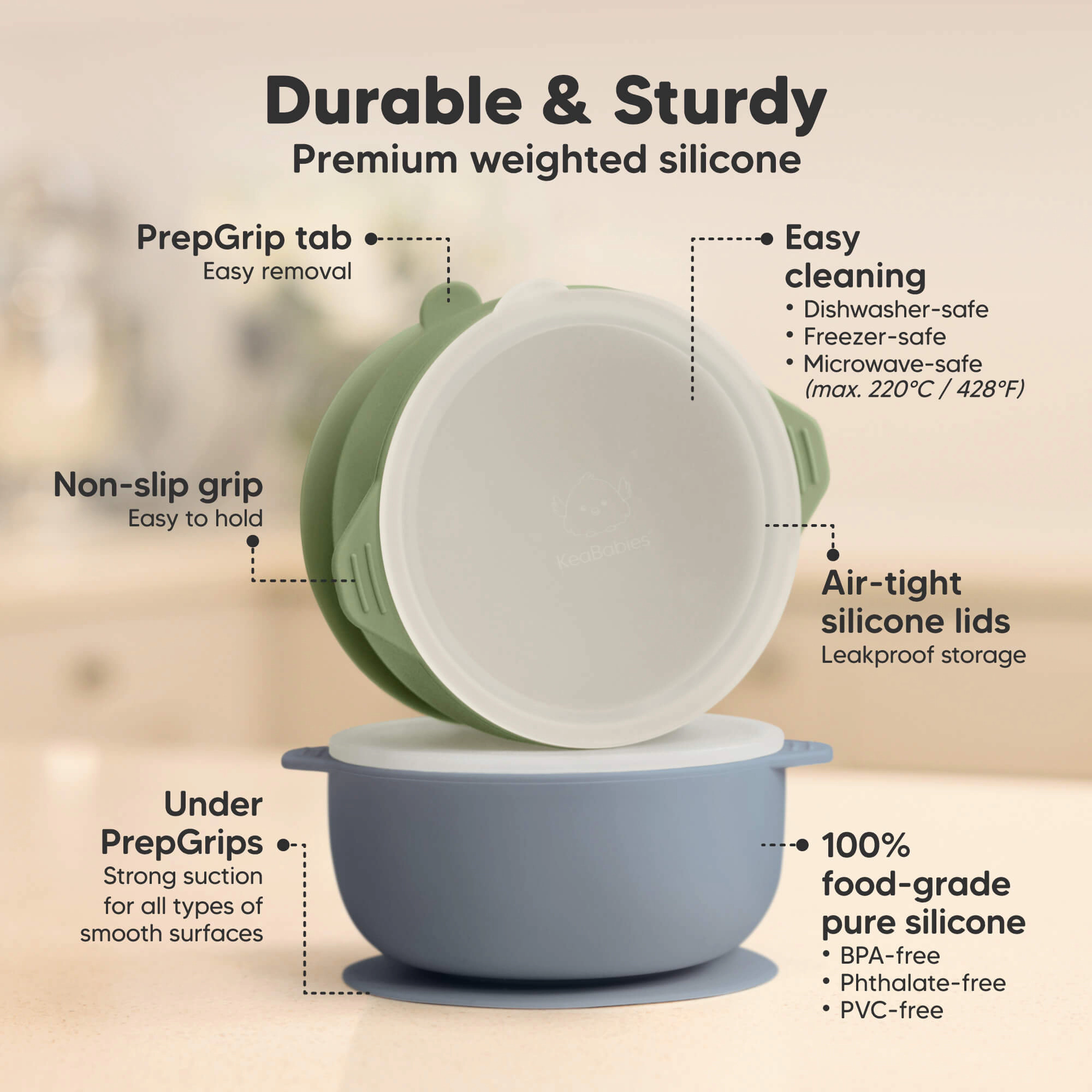KeaBabies 2-Pack Prep Silicone Suction Bowls
