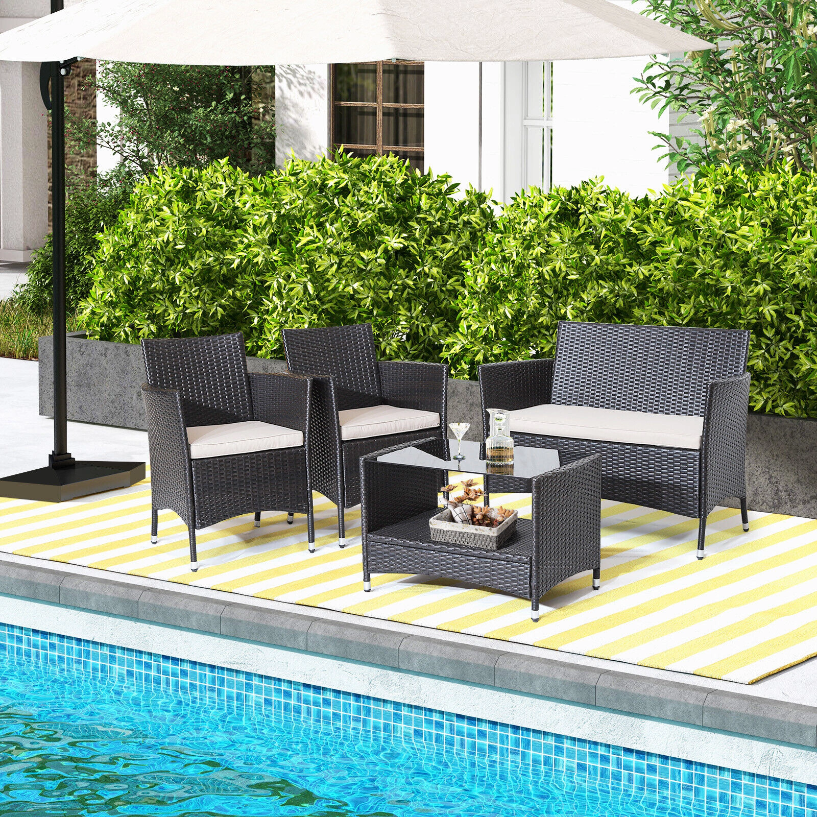 SUGIFT 4-Piece Mix Brown PE Rattan Patio Set with Loveseat, 2 Armchairs and Glass Coffee Table