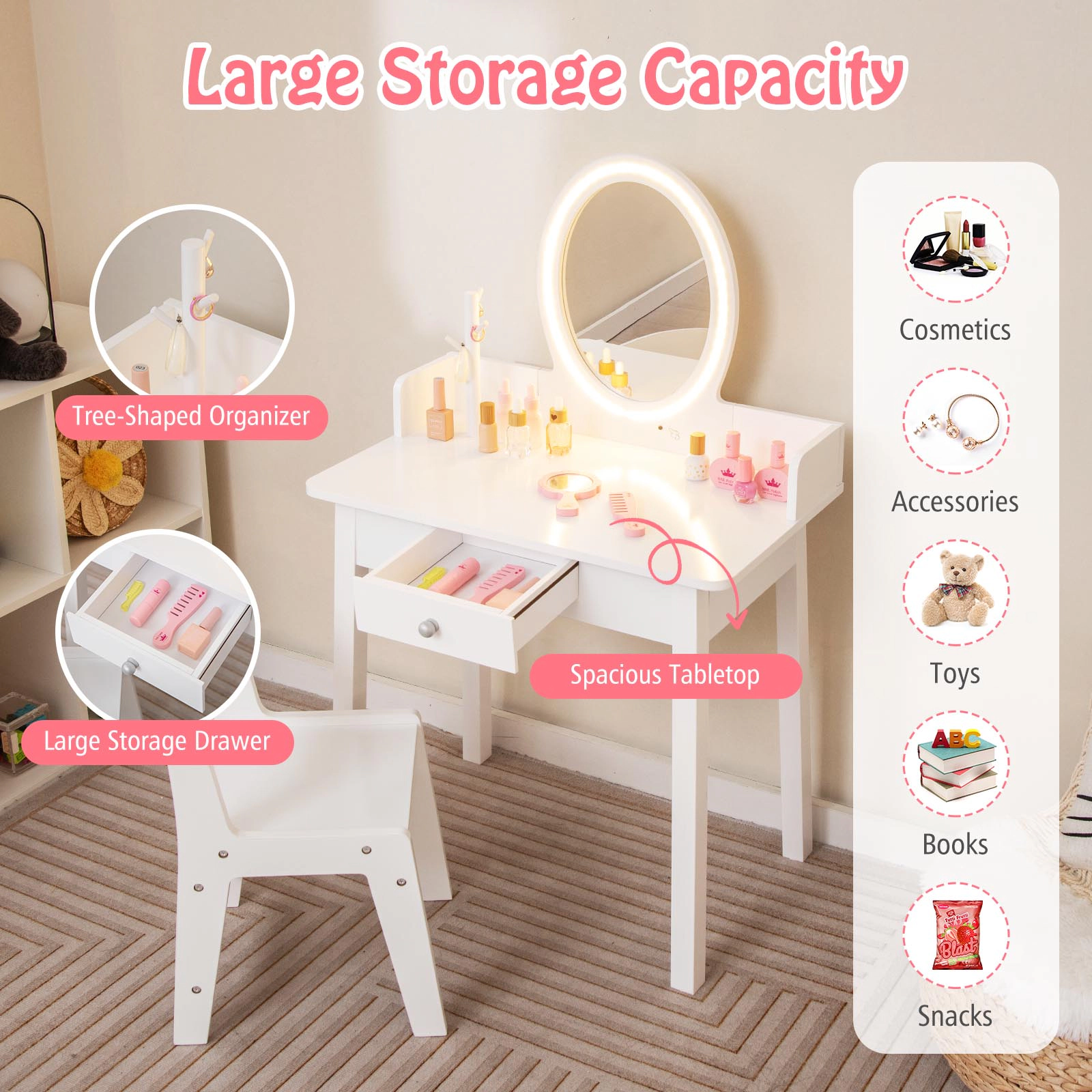 SUGIFT White LED Lighted Mirror Detachable Mirror Drawer and Stool Kids Vanity Set