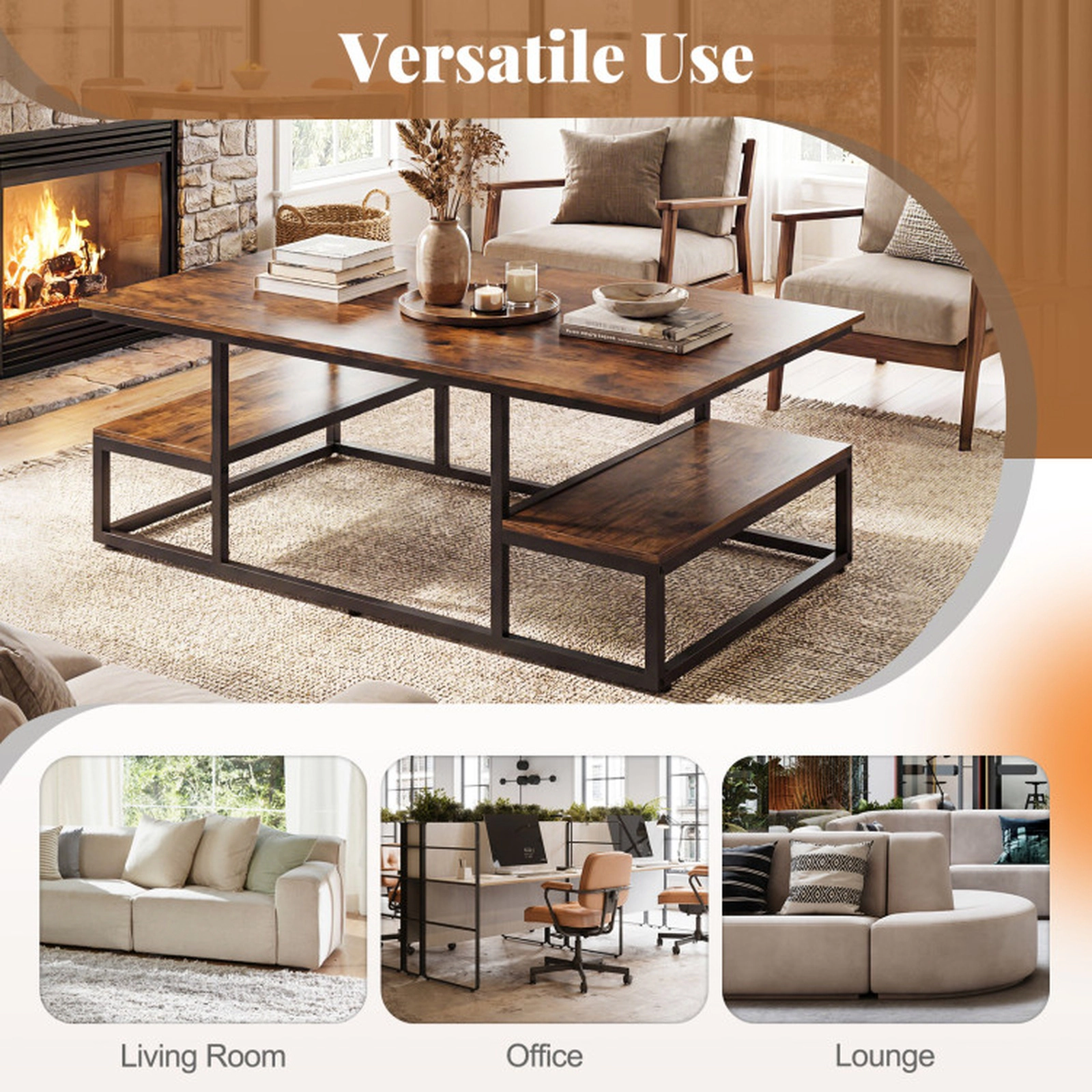 SUGIFT 43-in 176-lb Capacity Rustic Brown Rectangle Coffee Table with 2 Open Shelves and Metal Frame