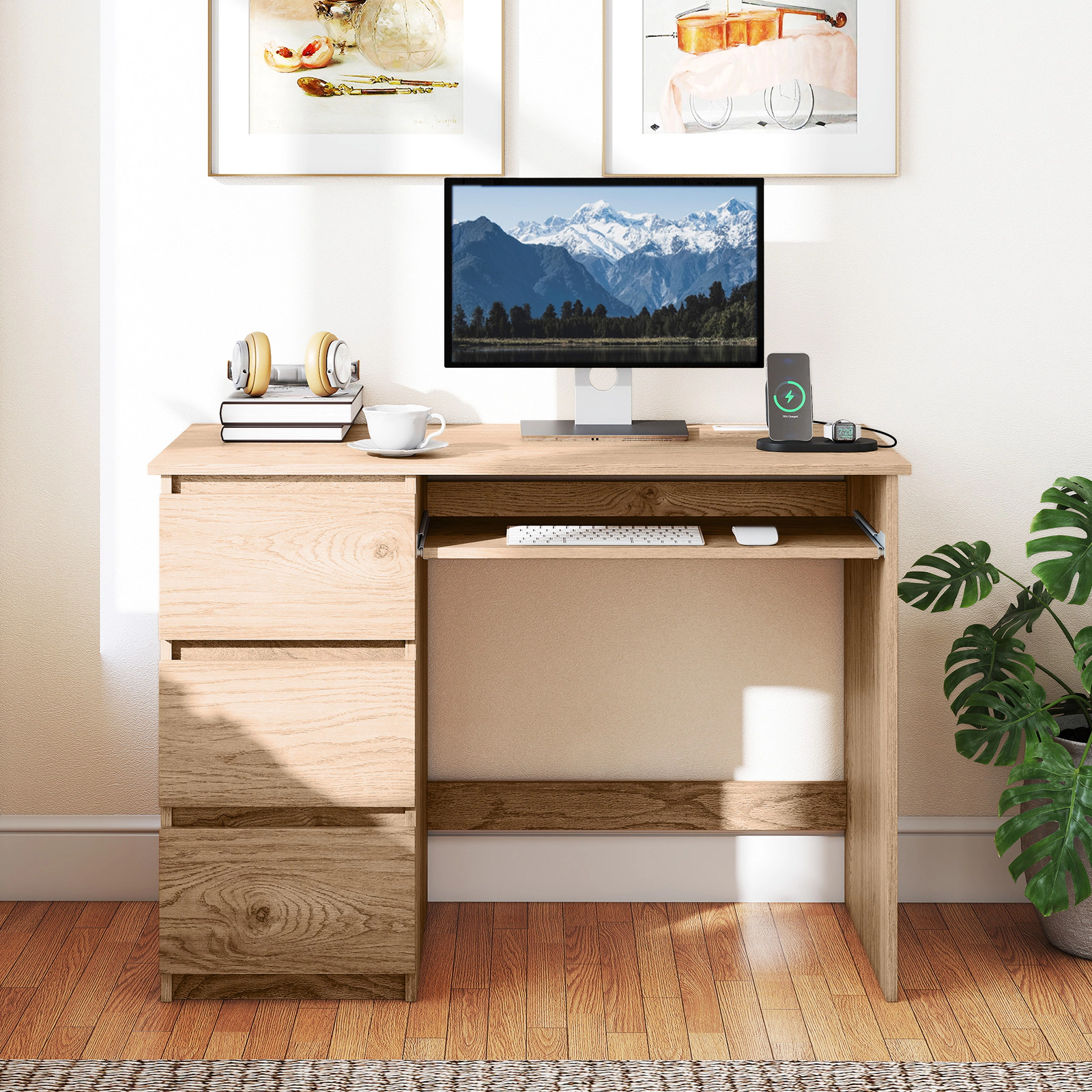 LJG Computer Desk with Power Outlet Keyboard Tray and 3 Large Drawers