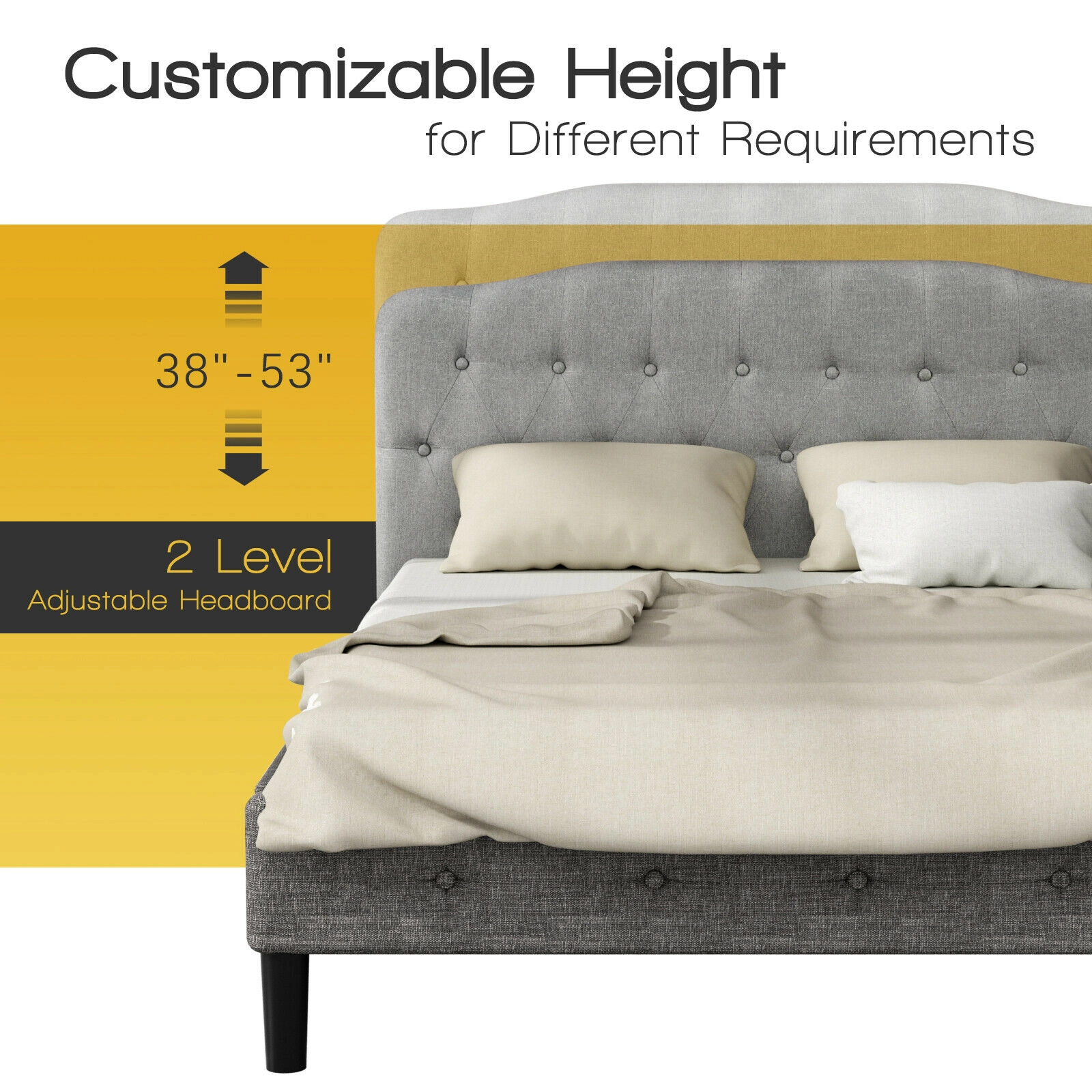 SUGIFT Light Gray Button Tufting and Adjustable Height Queen Upholstered Headboard
