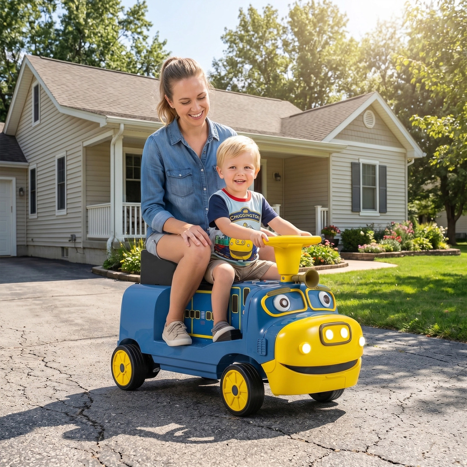 12V 2-Seater Kids Ride On Train Height Adjustable Rear Seat Hidden Storage Compartment Music Player Ages 3-8 Blue Toy
