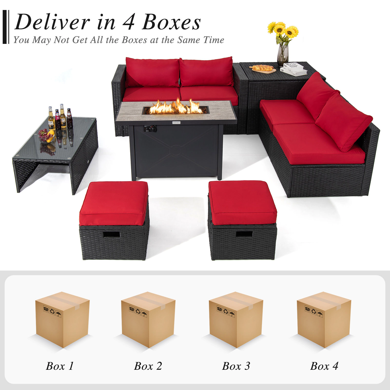 LJG 9 Pieces Outdoor PE Rattan Wicker Sectional Sofa with 42 Inch 60 000 BTU Gas Fire Pit Table