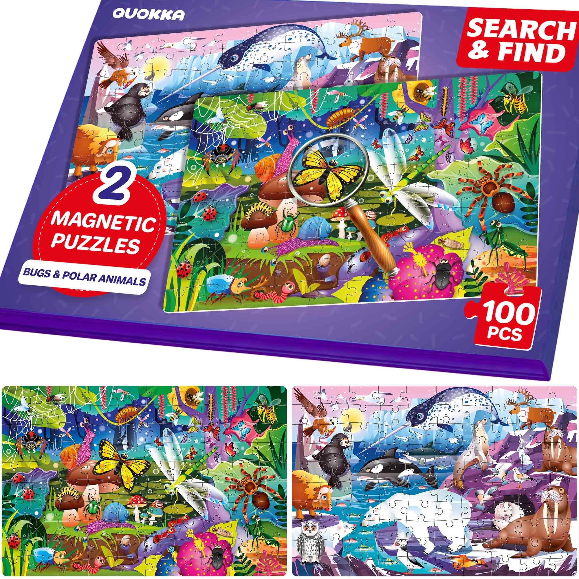 QUOKKA Magnetic Puzzle Book for Kids Ages 3–5, 100-Piece Travel Set with Ocean, Space & Dinosaur Themes