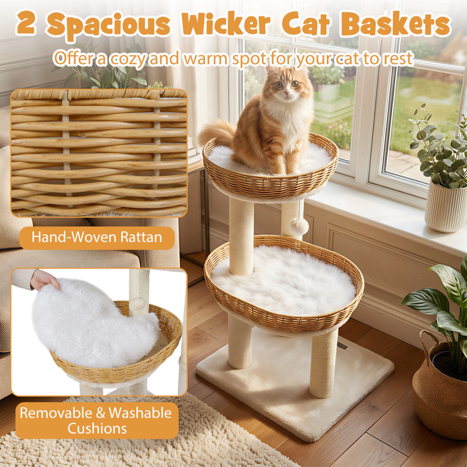SlickBlue Unisex 30 Inch Rattan Cat Tower with 2 Baskets