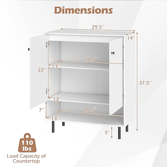 Glintex 37.5-Inch 2-Door Sideboard with Removable Shelf and Open Base, White
