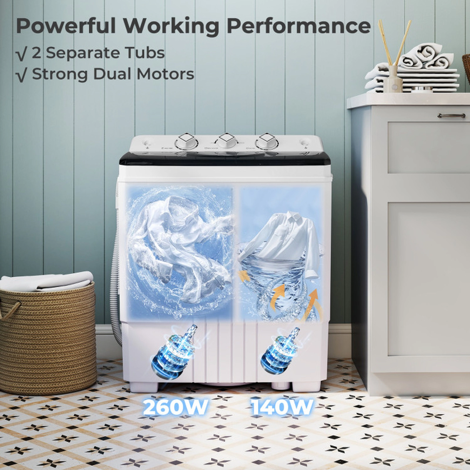 SUGIFT Black 12-lb Wash 8-lb Spin Twin Tub Portable Washing Machine with Drain Pump and Stable Feet