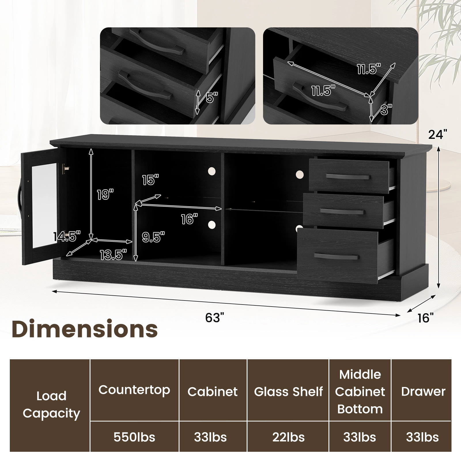 LJG 63 Inches Media Console Table with 3 Drawers and 2 Glass Shelves