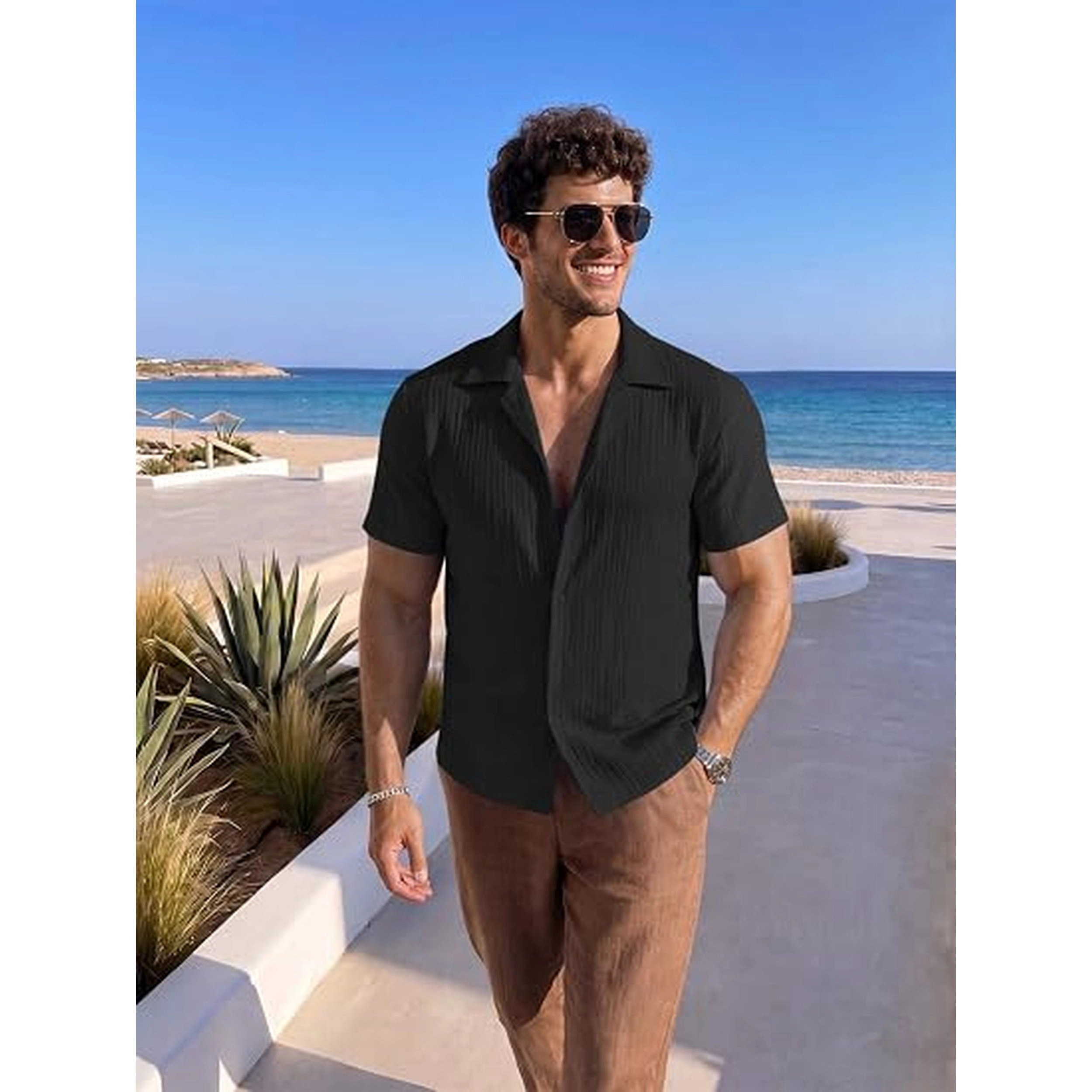 COOFANDY Men's Regular Fit Textured Short Sleeve Camp Shirt