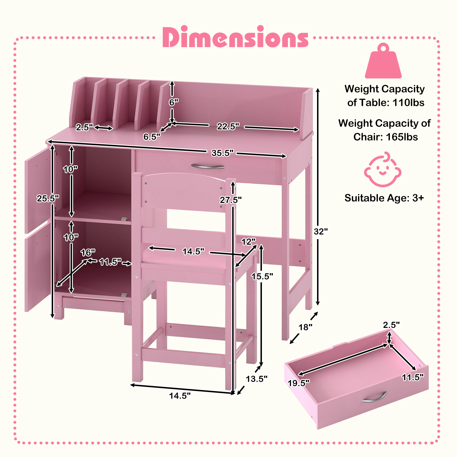 SUGIFT Pink 4 Book Sorters and Drawer Wooden Kids Study Desk and Chair Set