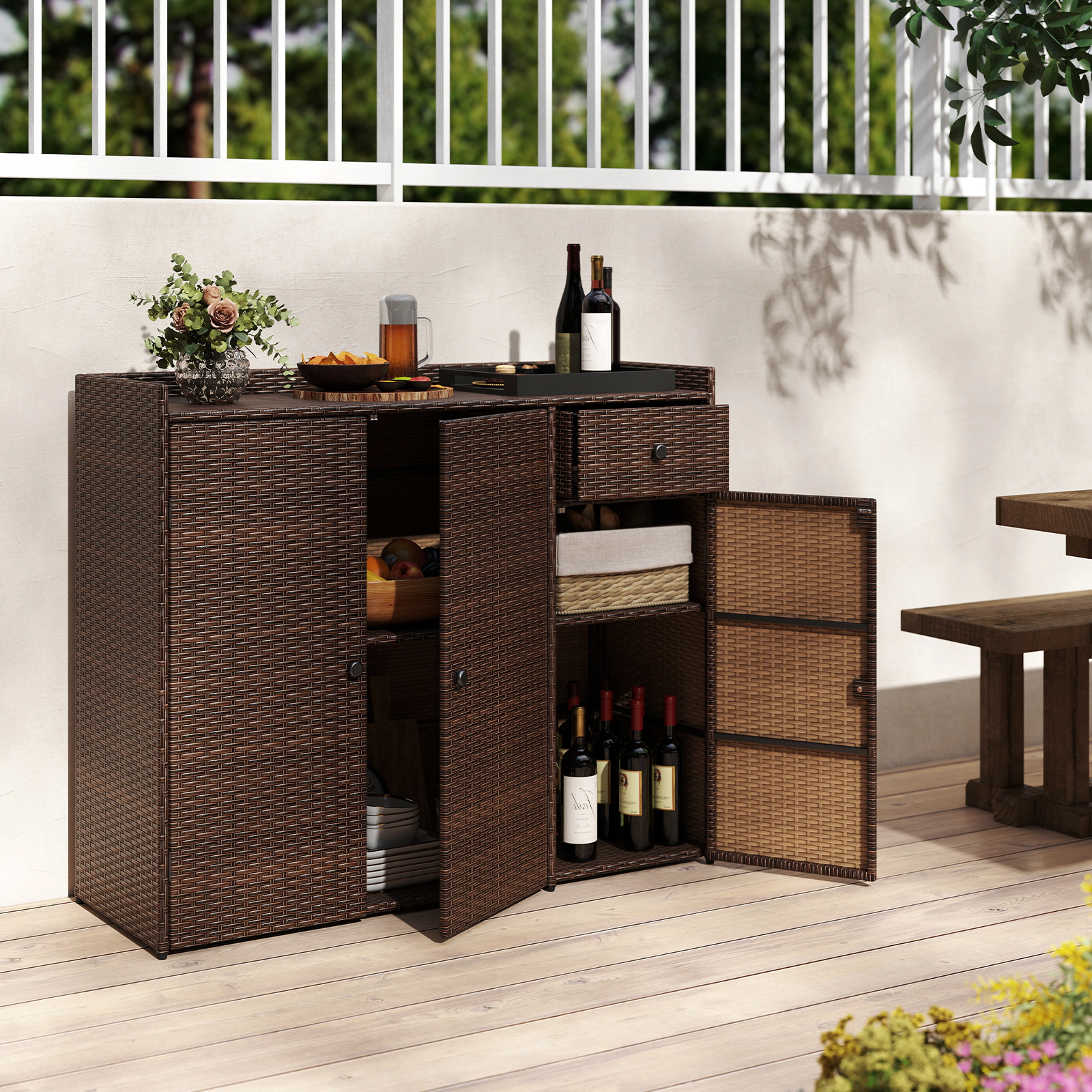 SUGIFT 3-Door Removable Shelves Drawer PE Wicker Outdoor Deck Storage Cabinet 48-in x 17-in x 40-in 110-lb Top Brown