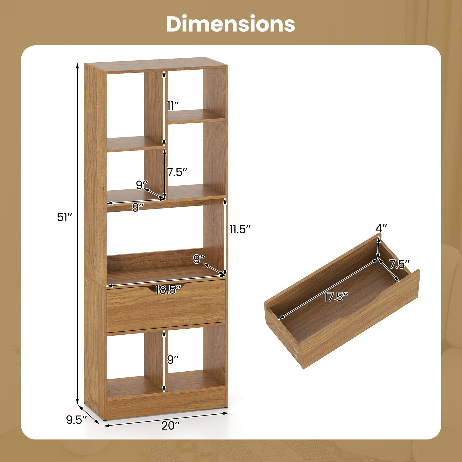 SlickBlue Freestanding Bookcase With 7 Cubby Shelves and Drawer